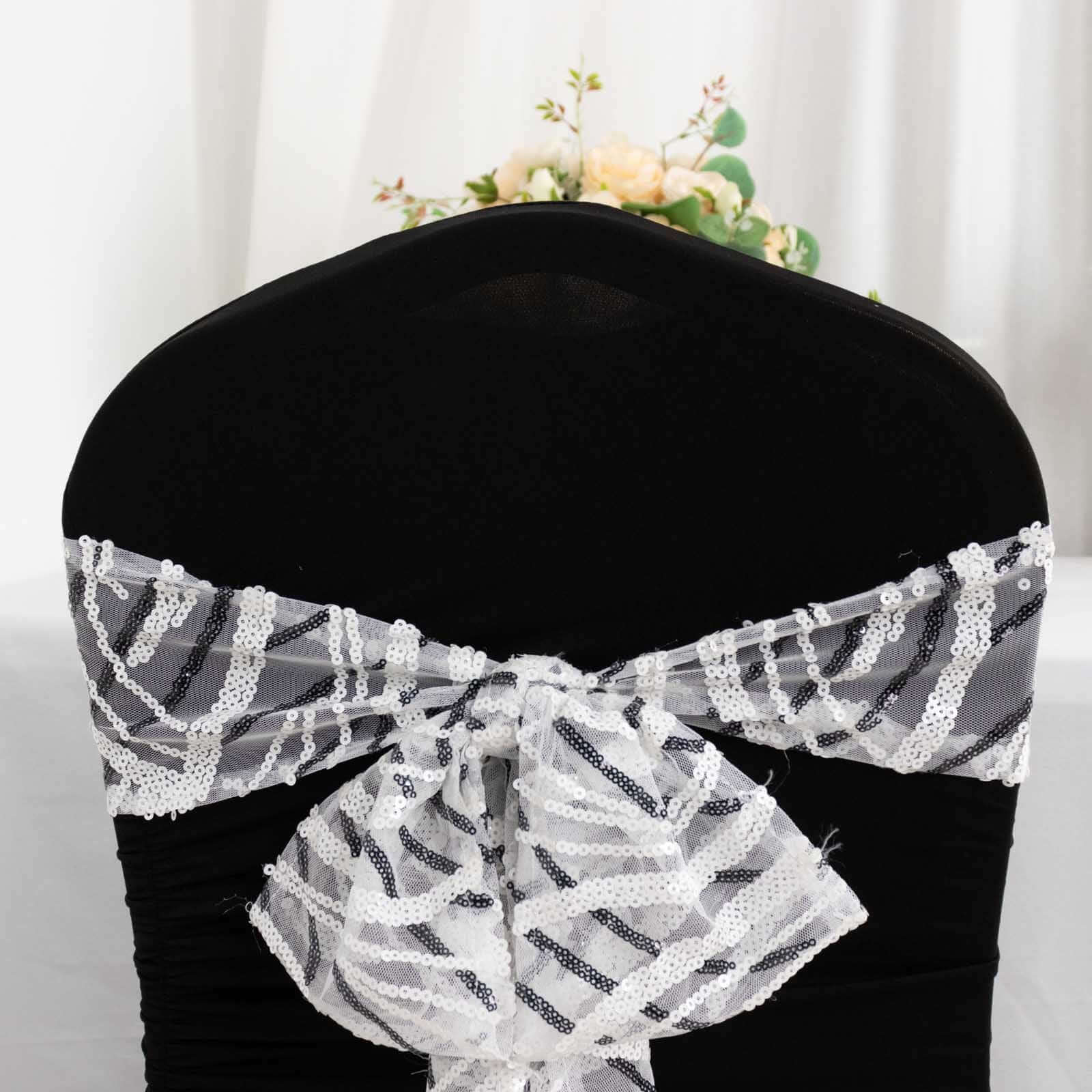 5 Pack Chair Sashes with Wave Embroidered Sequins White/Black 6x88 - Stylish Glittering Decor for Weddings