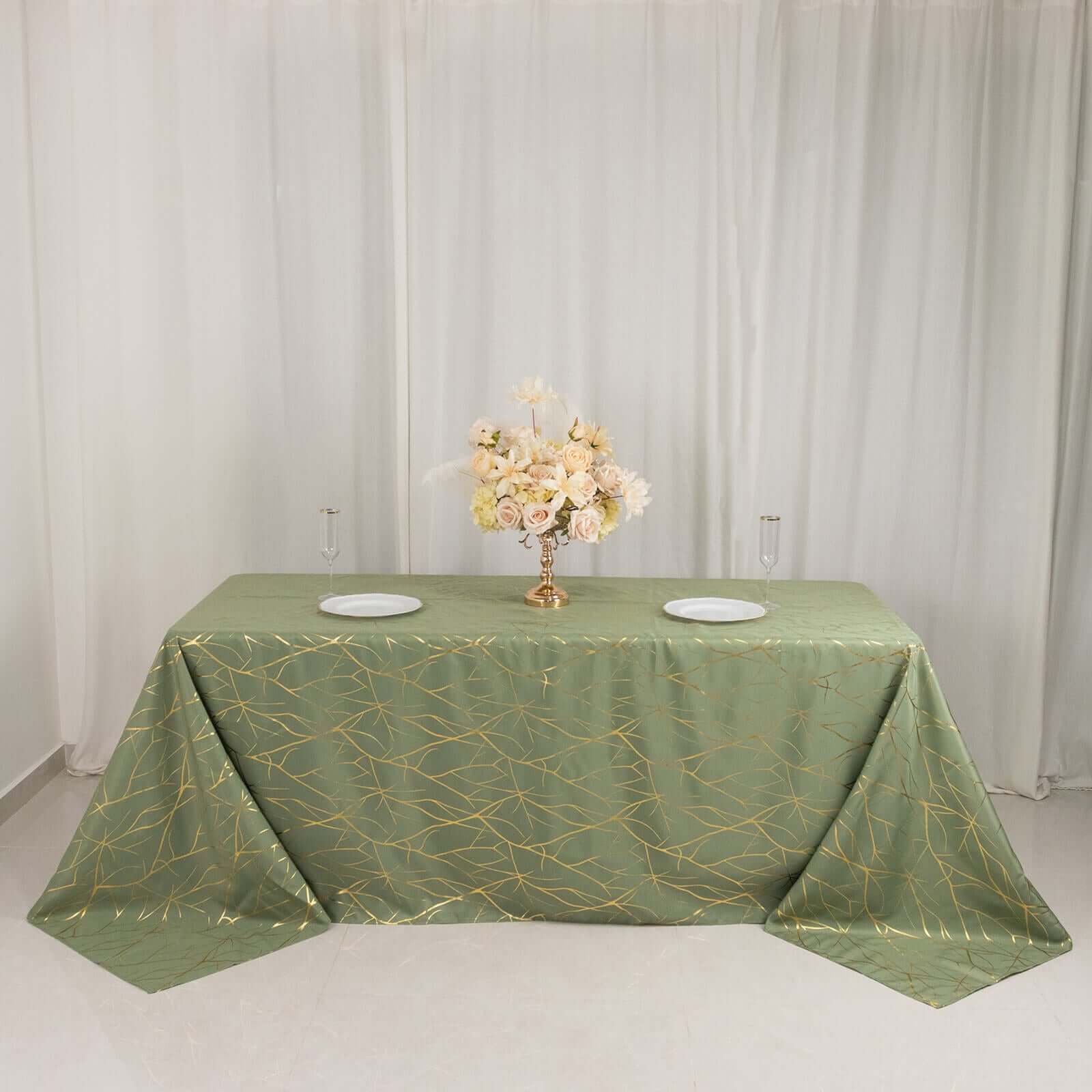 Polyester 90x132 Rectangle Tablecloth Dusty Sage Green with Gold Foil Tree Branch Pattern - Wrinkle-Resistant Seamless Table Cover