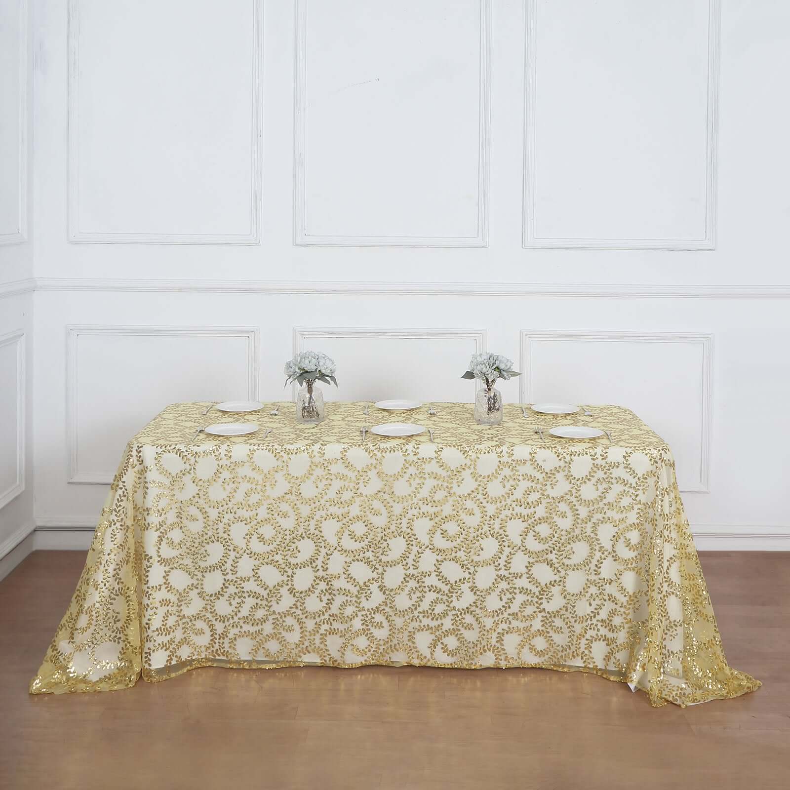 Tulle 90x156 Rectangle Tablecloth Gold - Sequin Leaf Embroidered Design for Luxe Celebrations