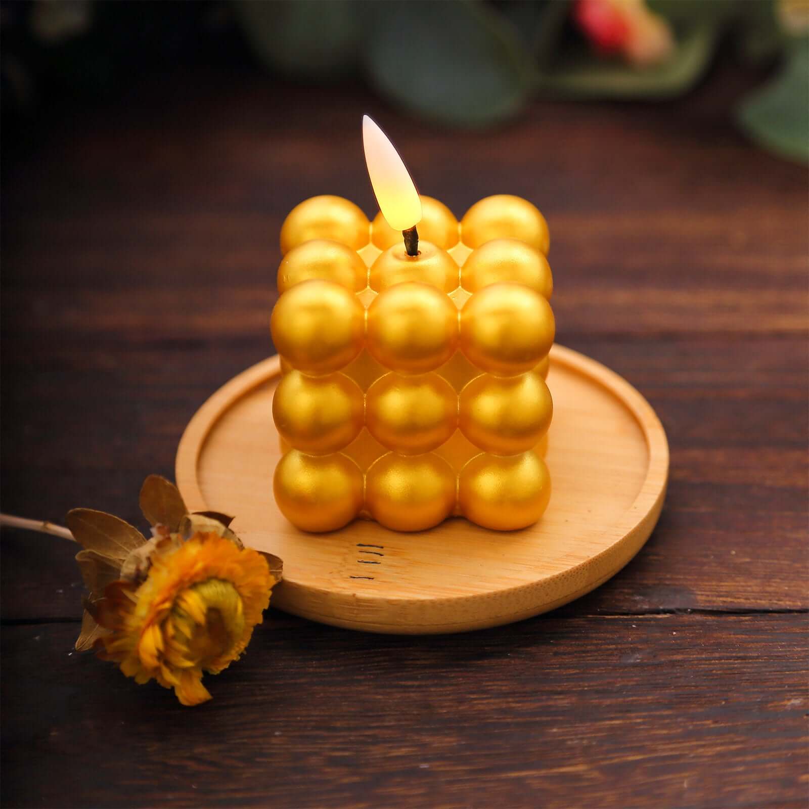 2-Pack LED Flameless Cube Candles Mini Bubble Metallic Gold - Battery Operated 2