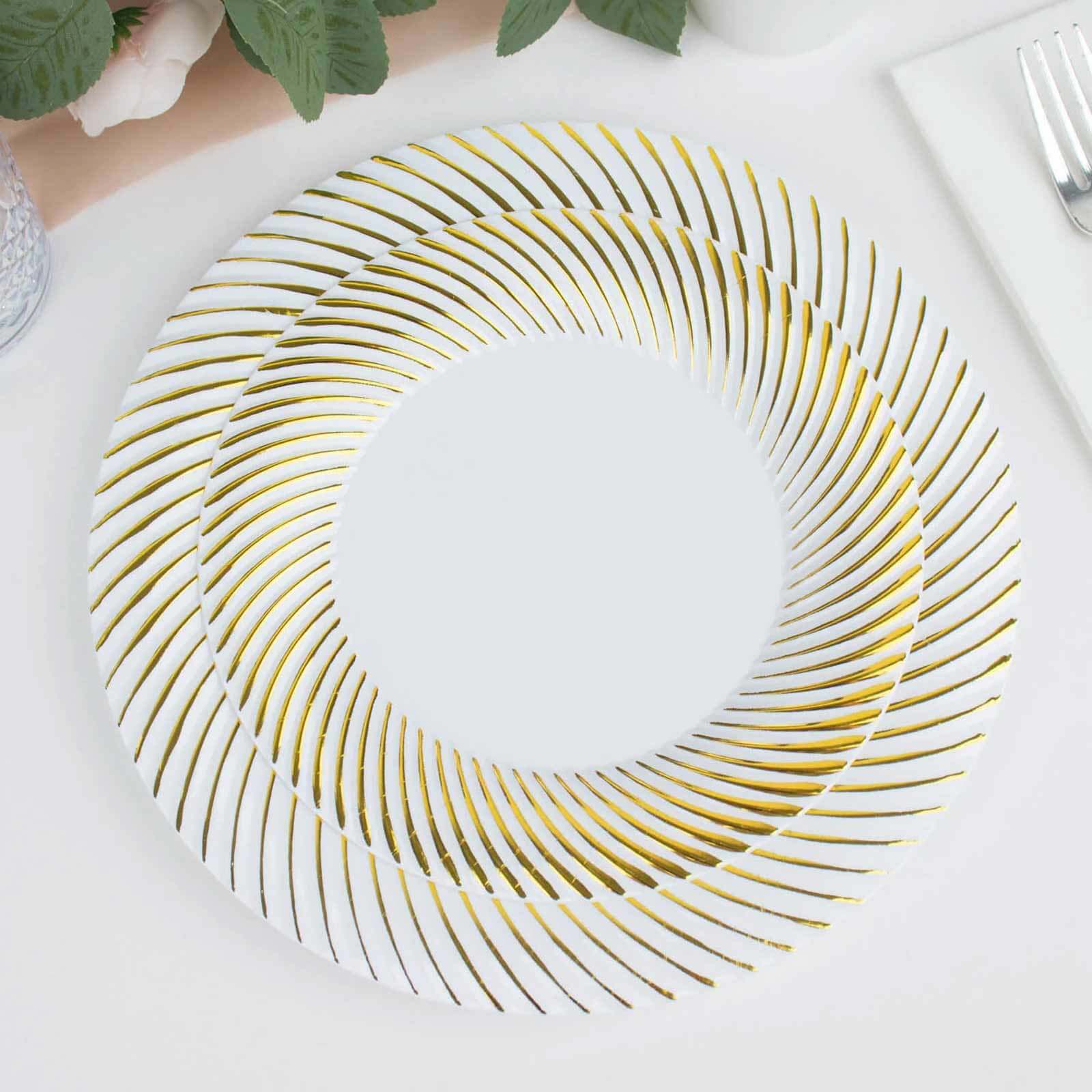 10-Pack Plastic 7 Round Dessert Plates in White with Gold Swirl Rim - Disposable Salad Plates for Classy Events & Banquets