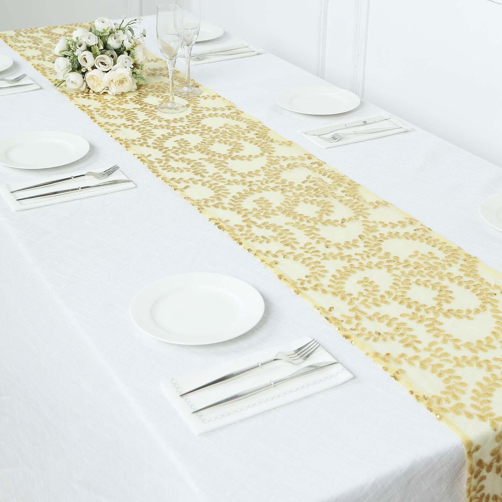 Mesh 12x108 Table Runner Gold - Leaf Vine Sequin Embroidered Design for Sophisticated Occasion