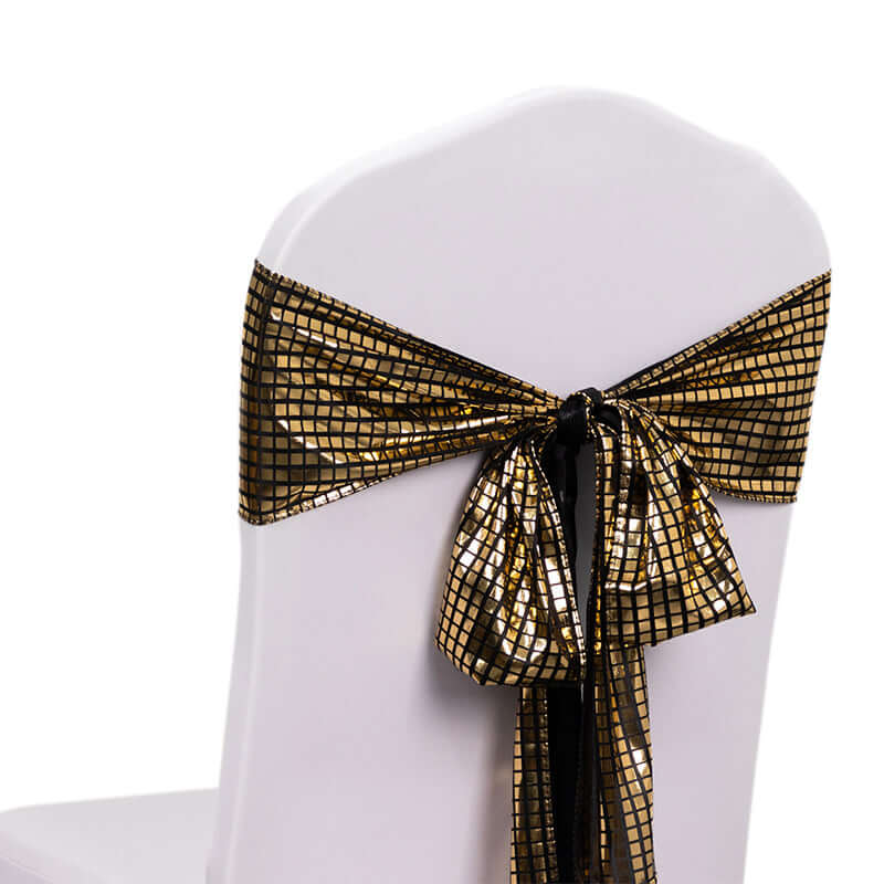 5 Pack Chair Sashes Shiny Foil Polyester 6x108 Black/Gold - Stylish Disco Mirror Ball Event Decor