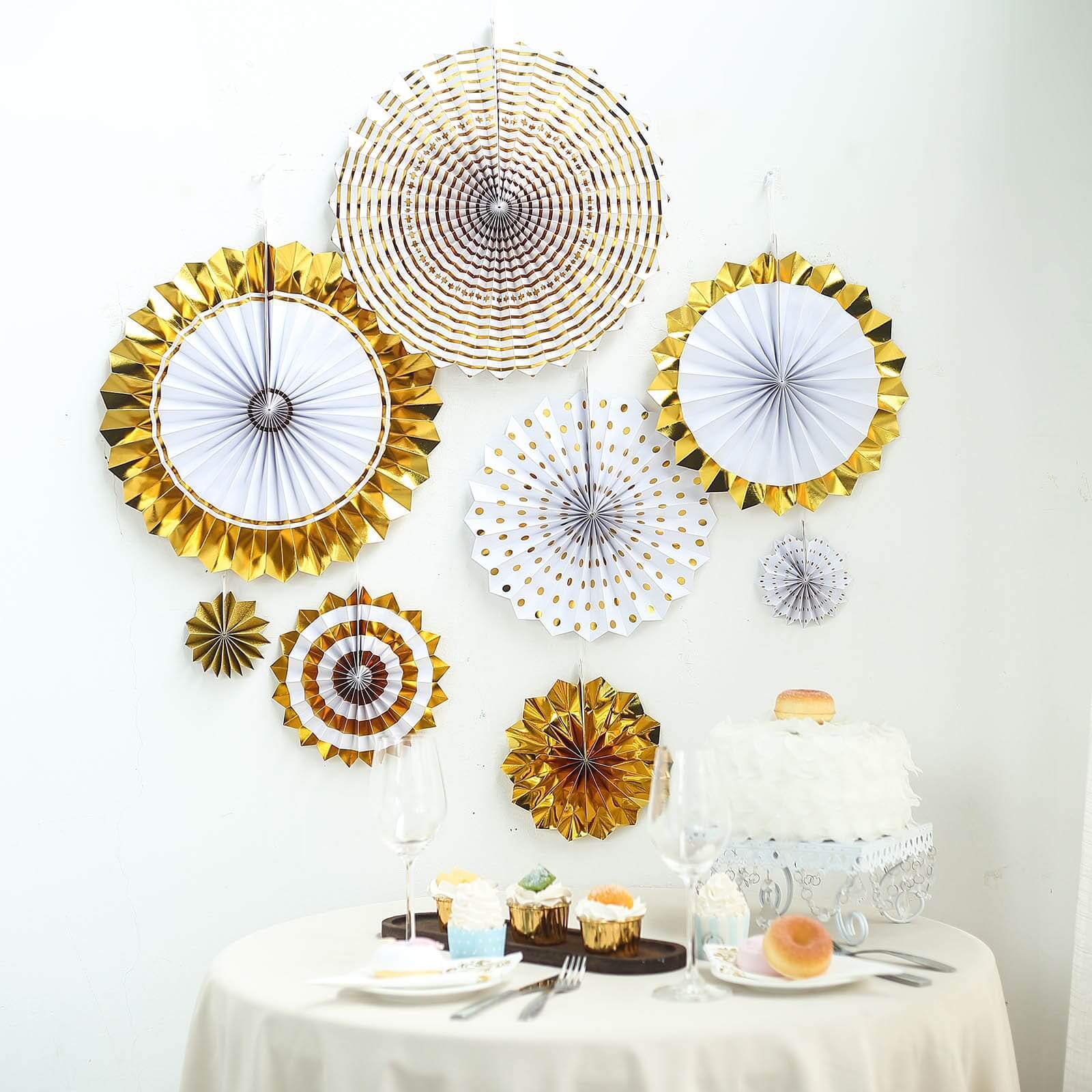 Set of 8 Gold White Hanging Paper Fan Decorations, Pinwheel Wall Backdrop Party Kit - 4, 8, 12, 16