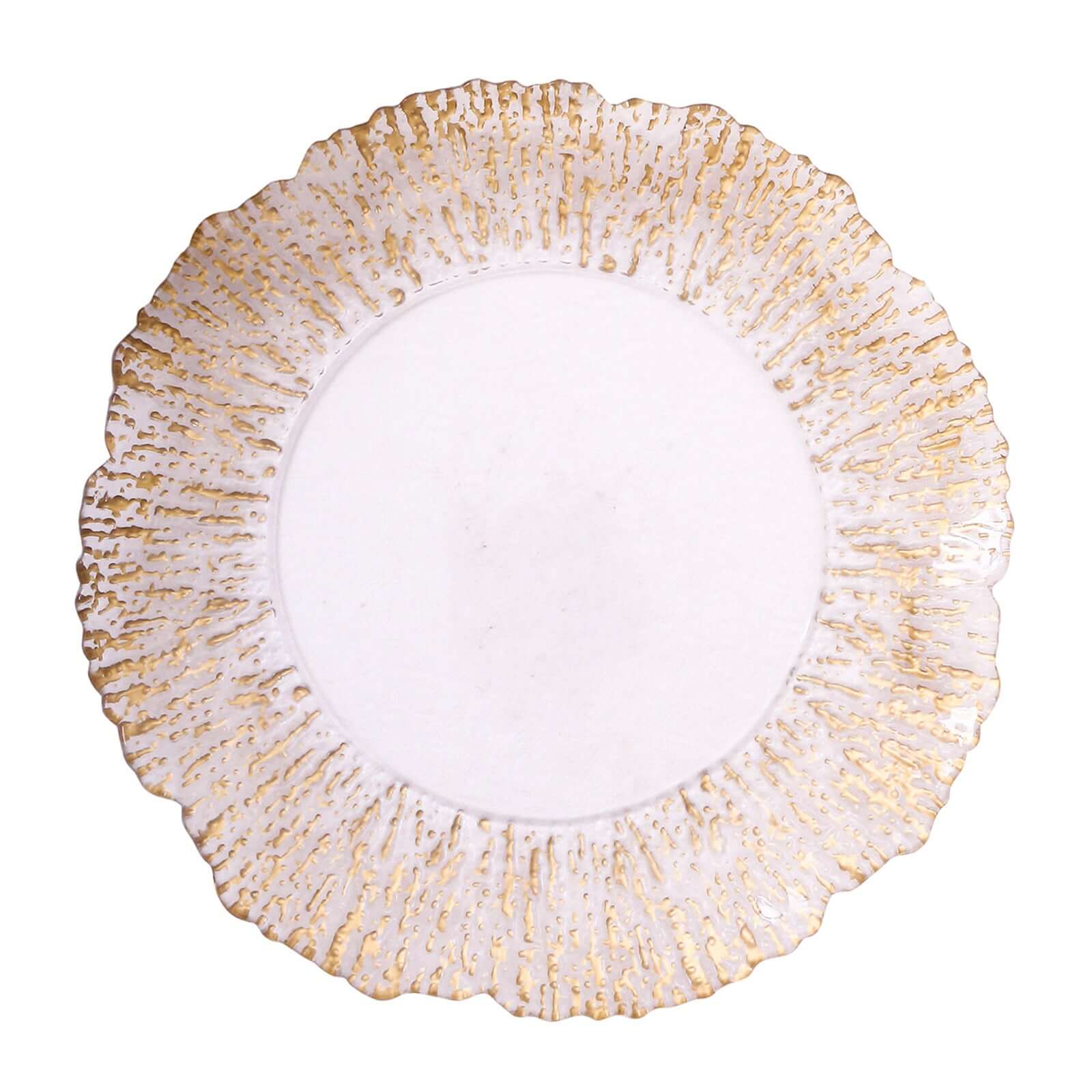 6-Pack Plastic Round Charger Plates 12 in Clear with Gold Brushed Scalloped Reef Rim, Decorative Dinner Party Serving Plates