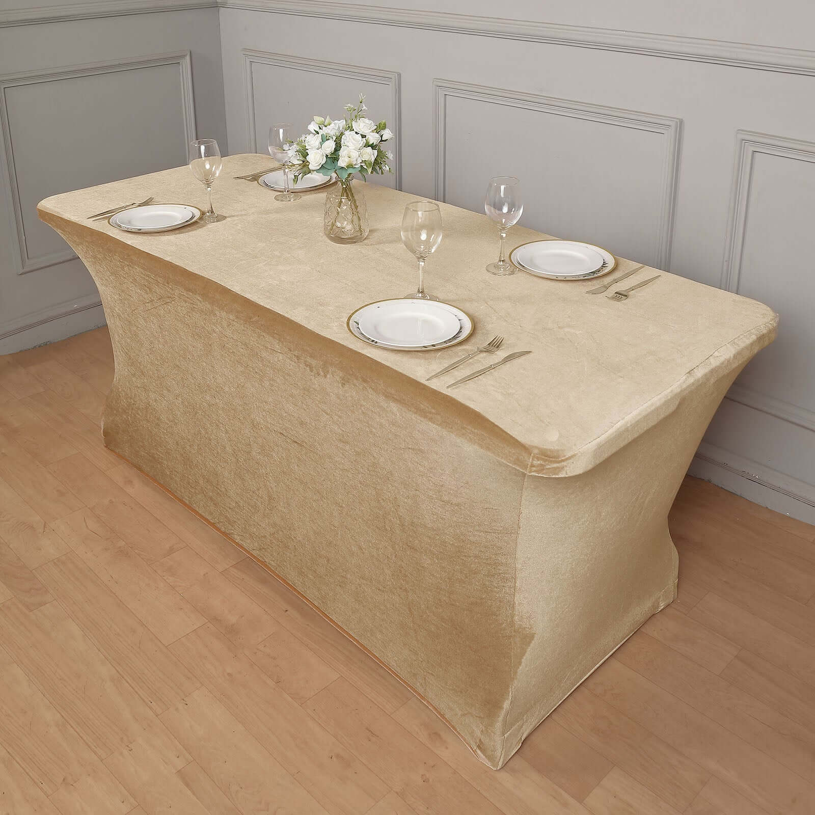 Velvet Spandex 6ft Rectangle Tablecloth Champagne - Fitted Wrinkle-Free Design for 72x30 Tables