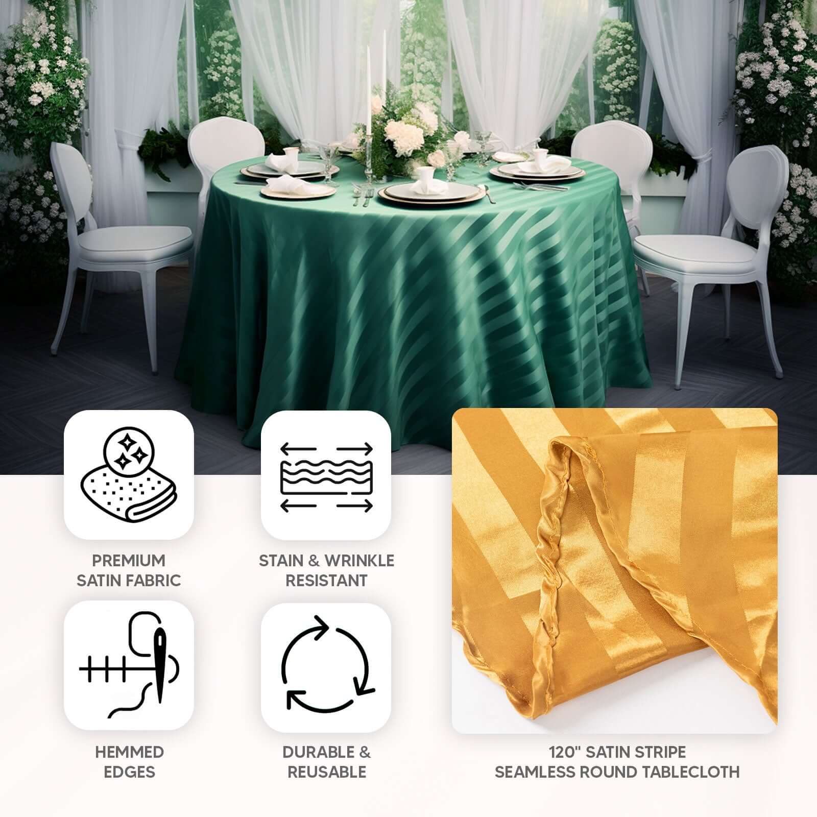 Satin Striped 120 Round Tablecloth Hunter Emerald Green Satin Stripe - Silky Smooth Seamless Table Cover