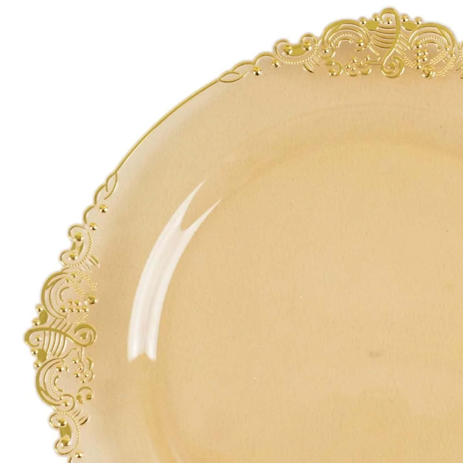 10-Pack Plastic 8 Round Dessert Plates in Transparent Amber Gold with Gold Leaf Embossed Rim - Disposable Vintage Baroque Style Salad Plates