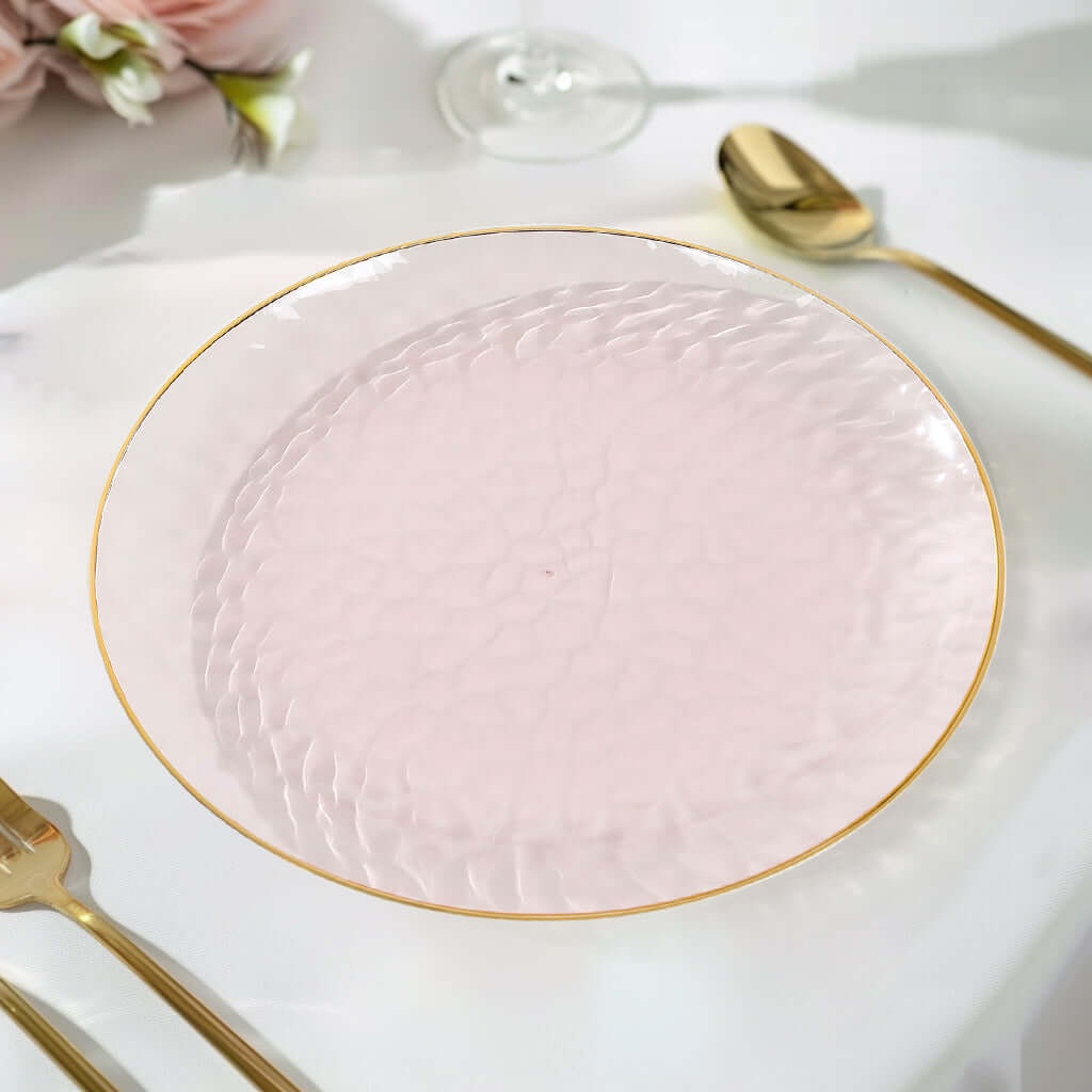 10-Pack Plastic 9 Round Dinner Plates in Transparent Blush Hammered Design with Gold Rim - Modern Disposable Party Plates