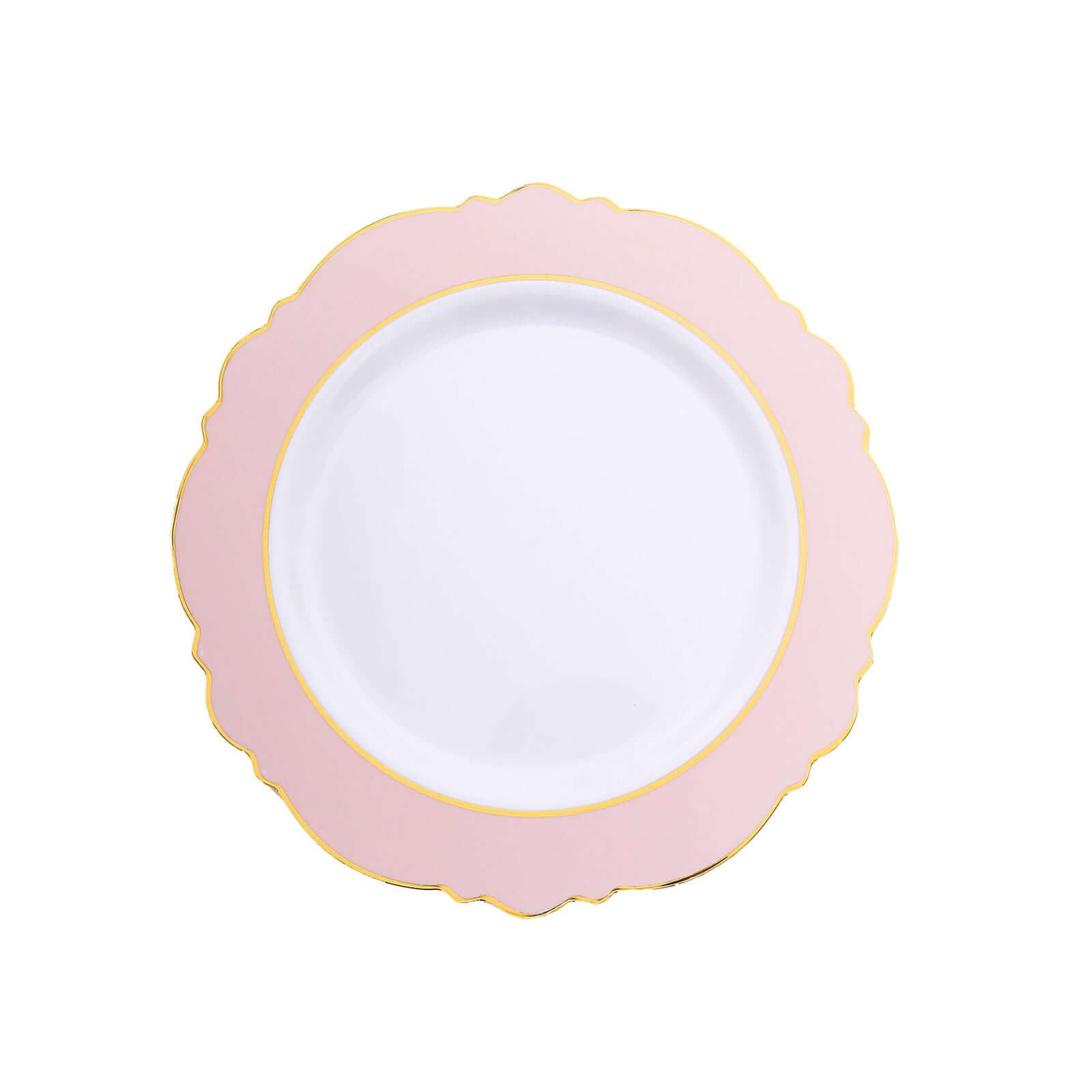 10-Pack Plastic 8 Round Dessert Plates in White with Blush Blossom Design & Gold Edging - Disposable Salad Appetizer Plates