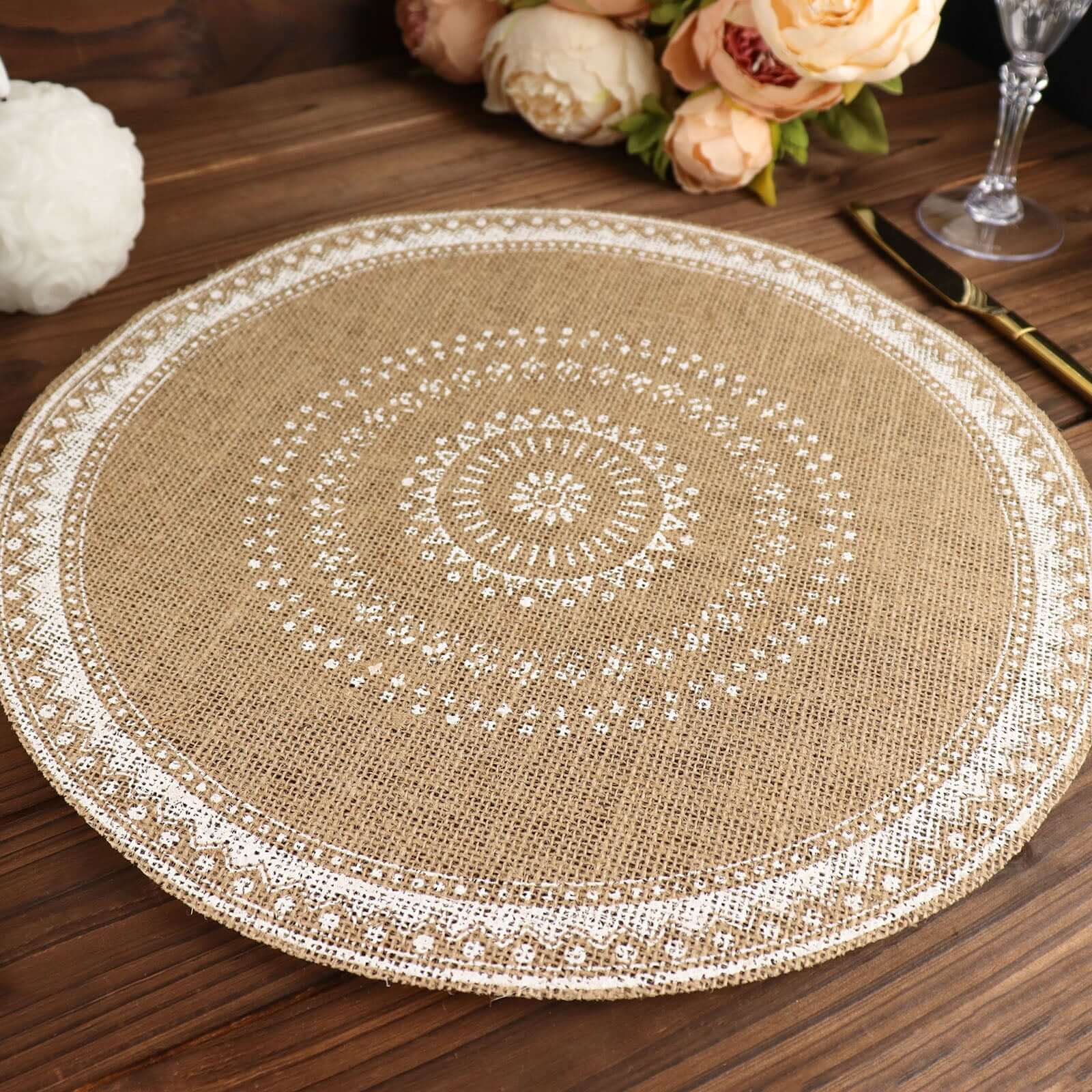 4-Pack Placemats Braided Design Natural Jute and White Round - Rustic Burlap Woven Table Mats 15