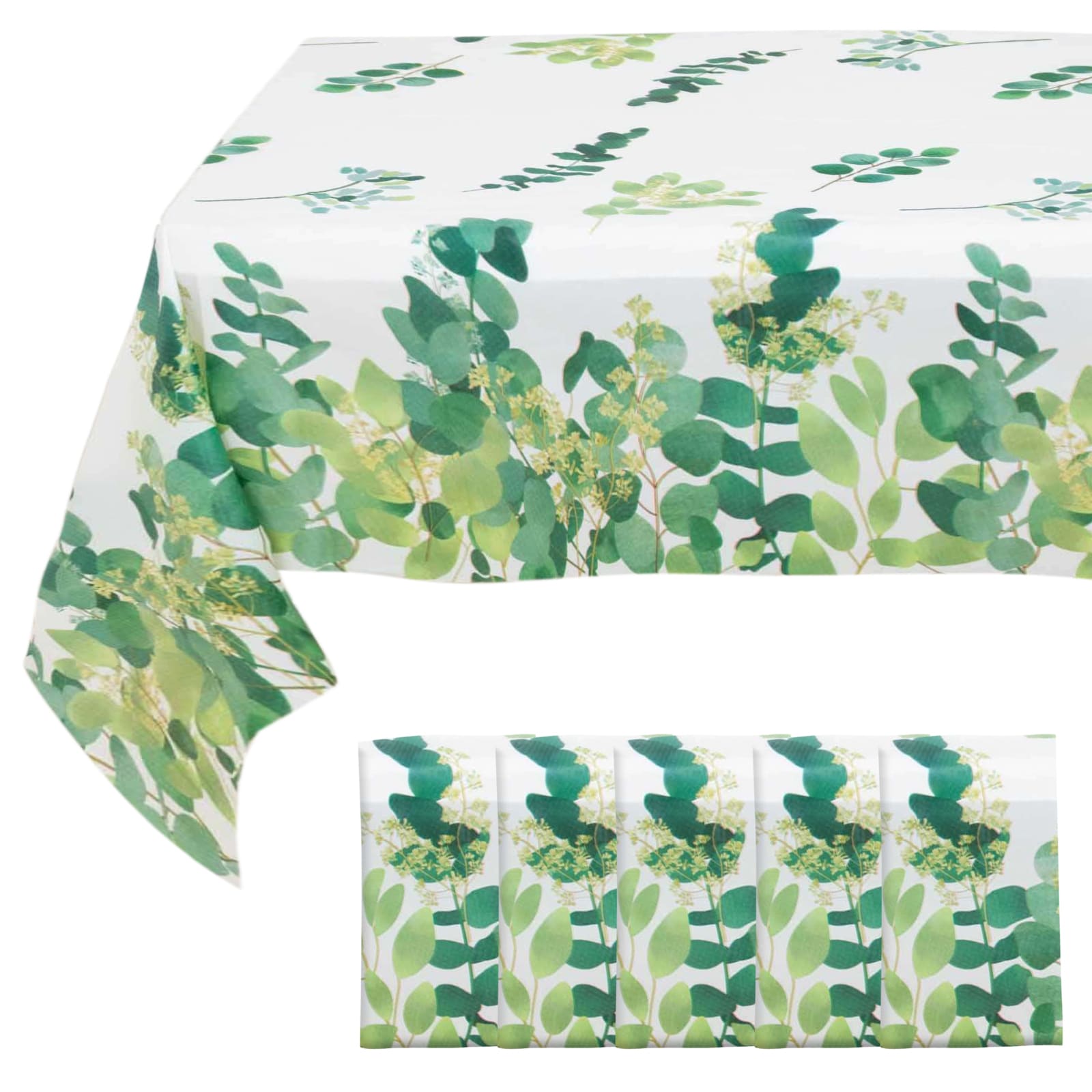 5-Pack Plastic Table Covers White/Green Rectangle with Eucalyptus Leaves Print - Decorative PVC Disposable Tablecloths 54x108