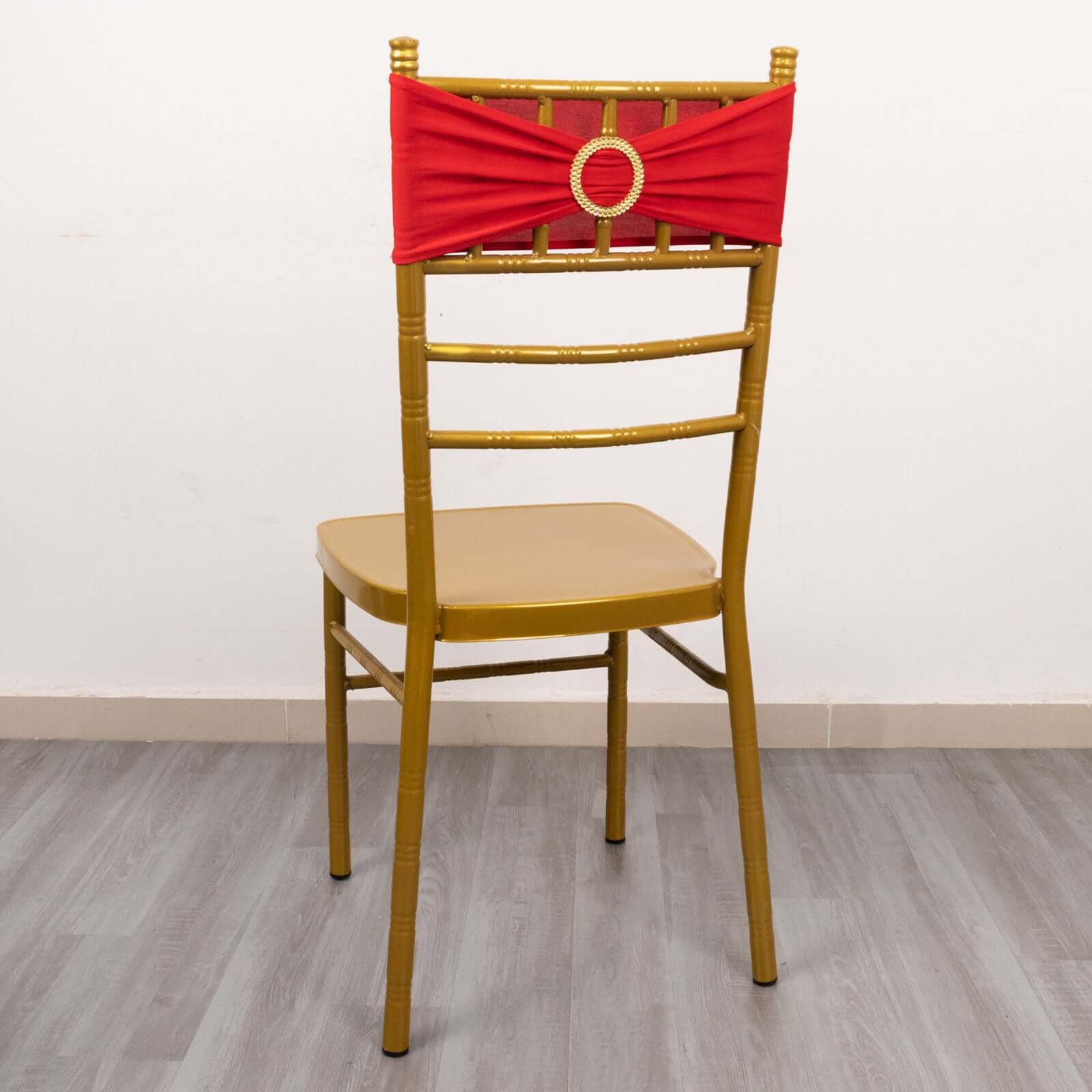 5 Pack Spandex Chair Sashes Red with Gold Rhinestone Buckles - Reusable Four-Way Stretch Sash Bands 5x14