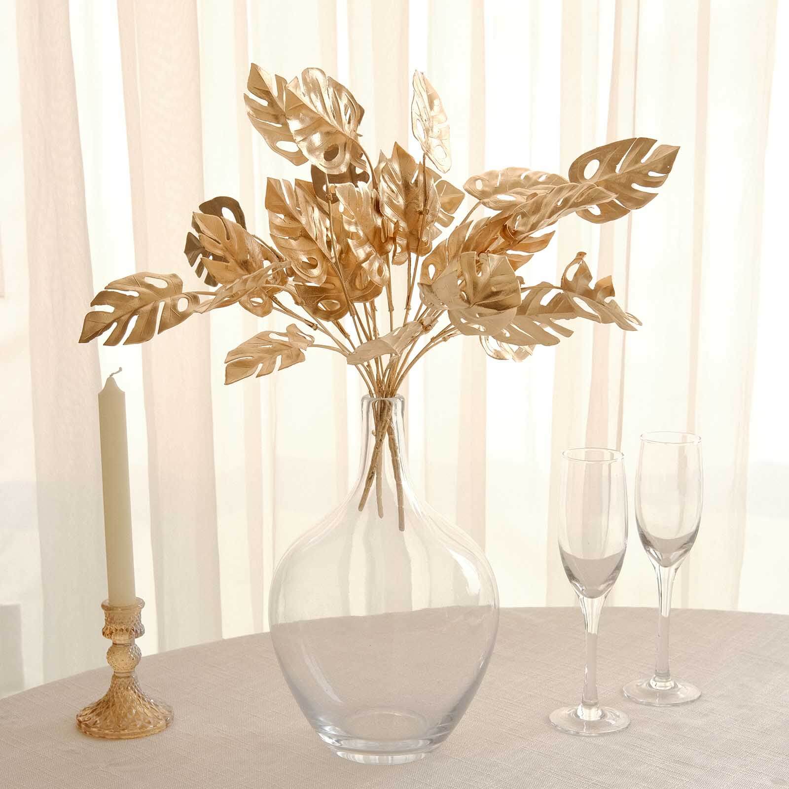 4-Pack Artificial Monstera Leaves Bushes Metallic Gold - Chic Faux Palm Leaf Decor Vase Filler for Hawaiian Jungle Tropical Themed Weddings Parties & Events 14