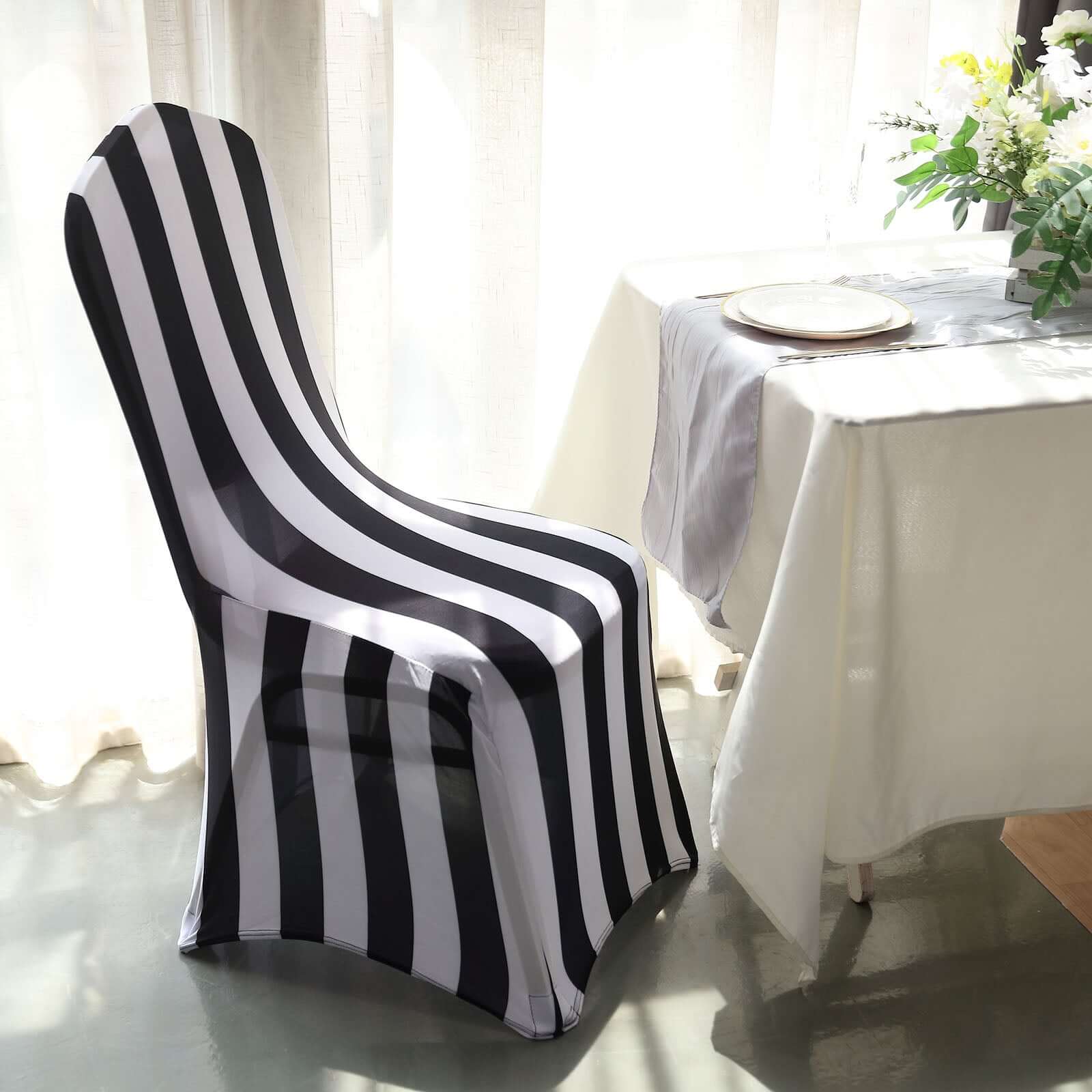 Spandex Chair Cover with Foot Pockets for Banquet Chairs Black/White 2 Stripes - Durable 160GSM Fitted Slipcover for Weddings & Gatherings