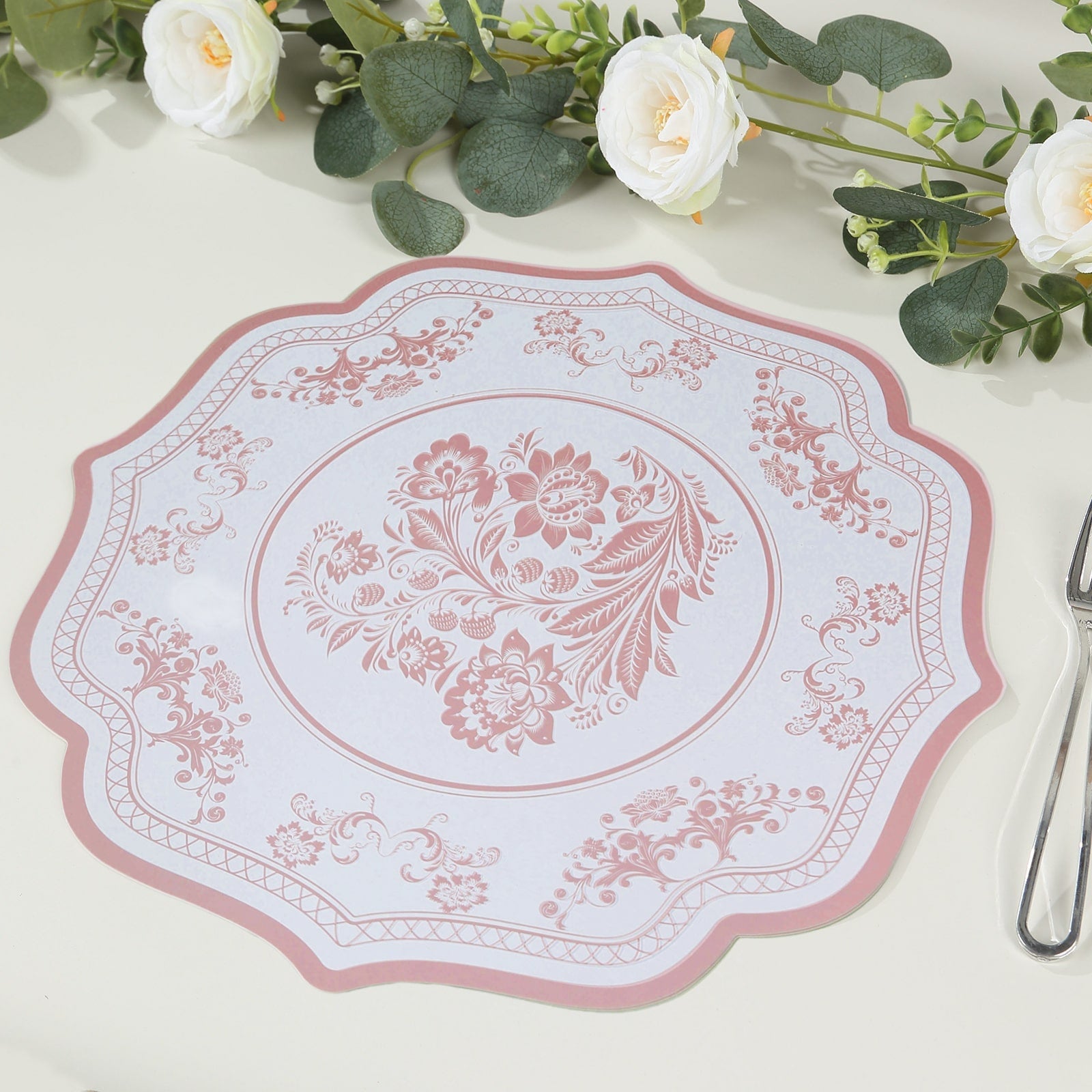 10-Pack Disposable Table Placemats 13 Round Placemats in White with Pink French Toile Pattern & Scalloped Rim - 400GSM Cardboard Placemats for Stylish Table Setting