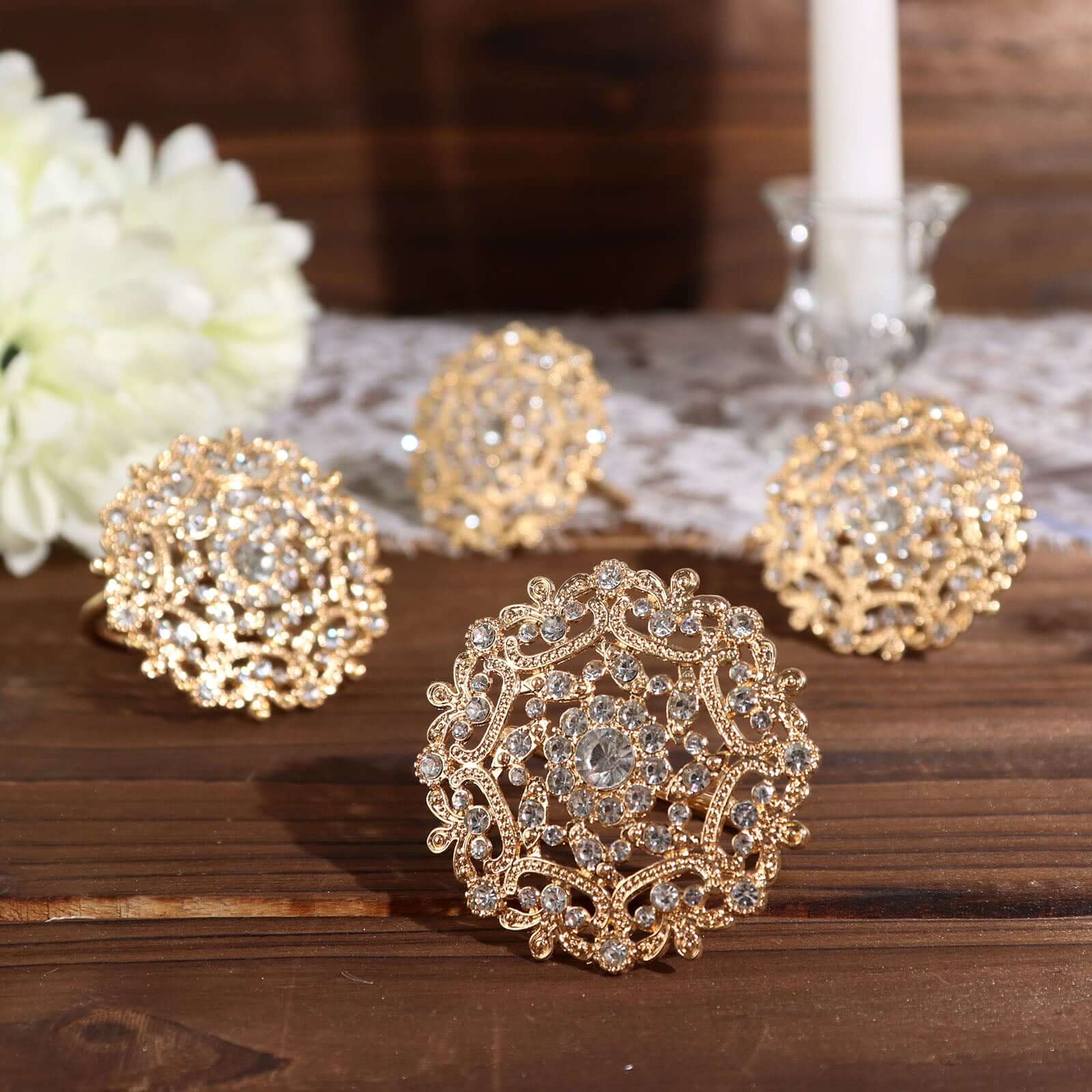 4 Pack Diamond Rhinestone Gold Metal Flower Napkin Rings, Decorative Napkin Buckle Holders