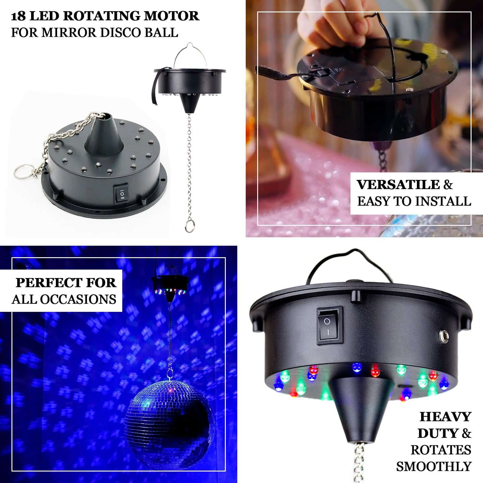 18 LED Light Rotating Heavy Duty Motor For Hanging Mirror Disco Ball, 5 RPM Battery Operated Motor With 8 Hanging Chain