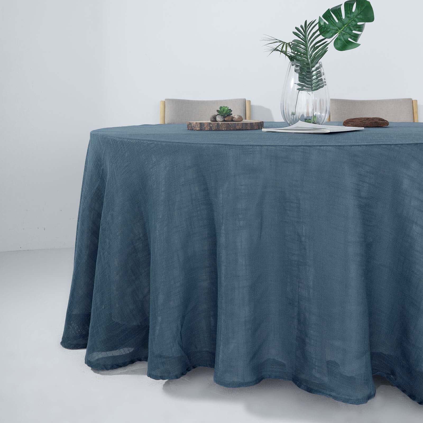 Faux Linen 120 Round Tablecloth Blue - Slubby Texture Wrinkle-Resistant Seamless Table Cover