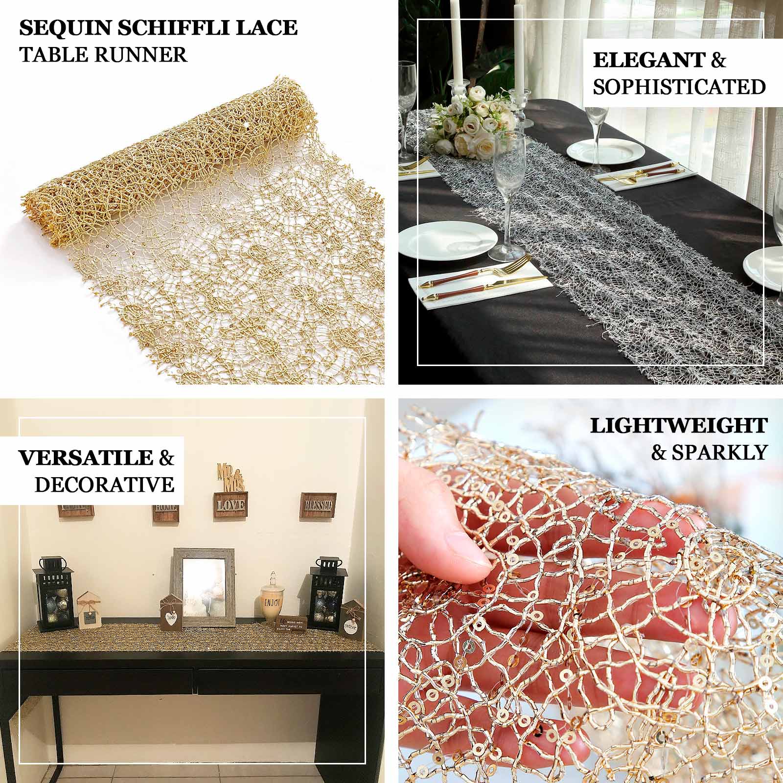 Mesh 12x108 Table Runner Gold - Sequin Schiffli Lace Design for Stylish Celebrations