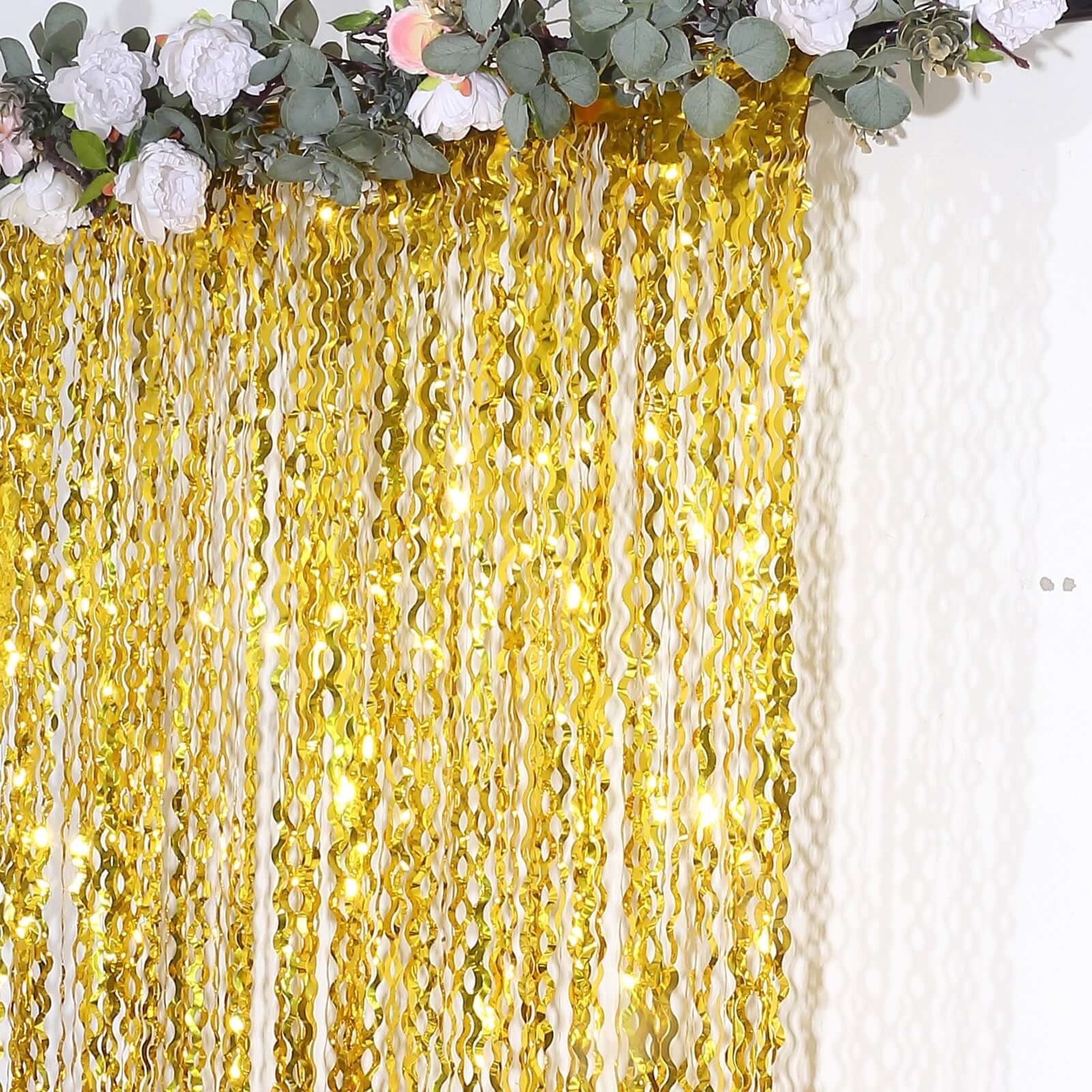 Metallic Gold Wavy Foil Fringe Party Backdrop, Curly Tinsel Streamer Photo Booth Curtain - 3ftx6ft