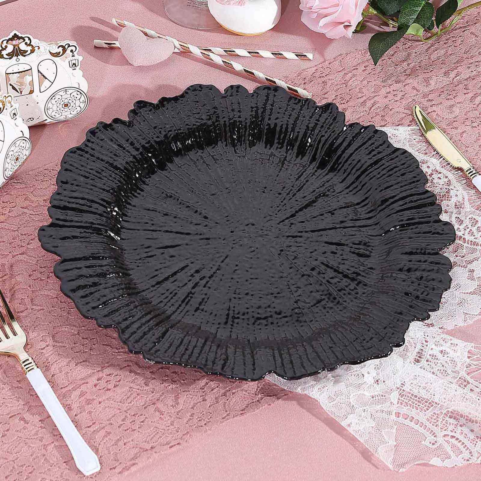 6-Pack Acrylic Plastic Round Charger Plates 13 in Black with Reef Design, Dinner Charger Tableware