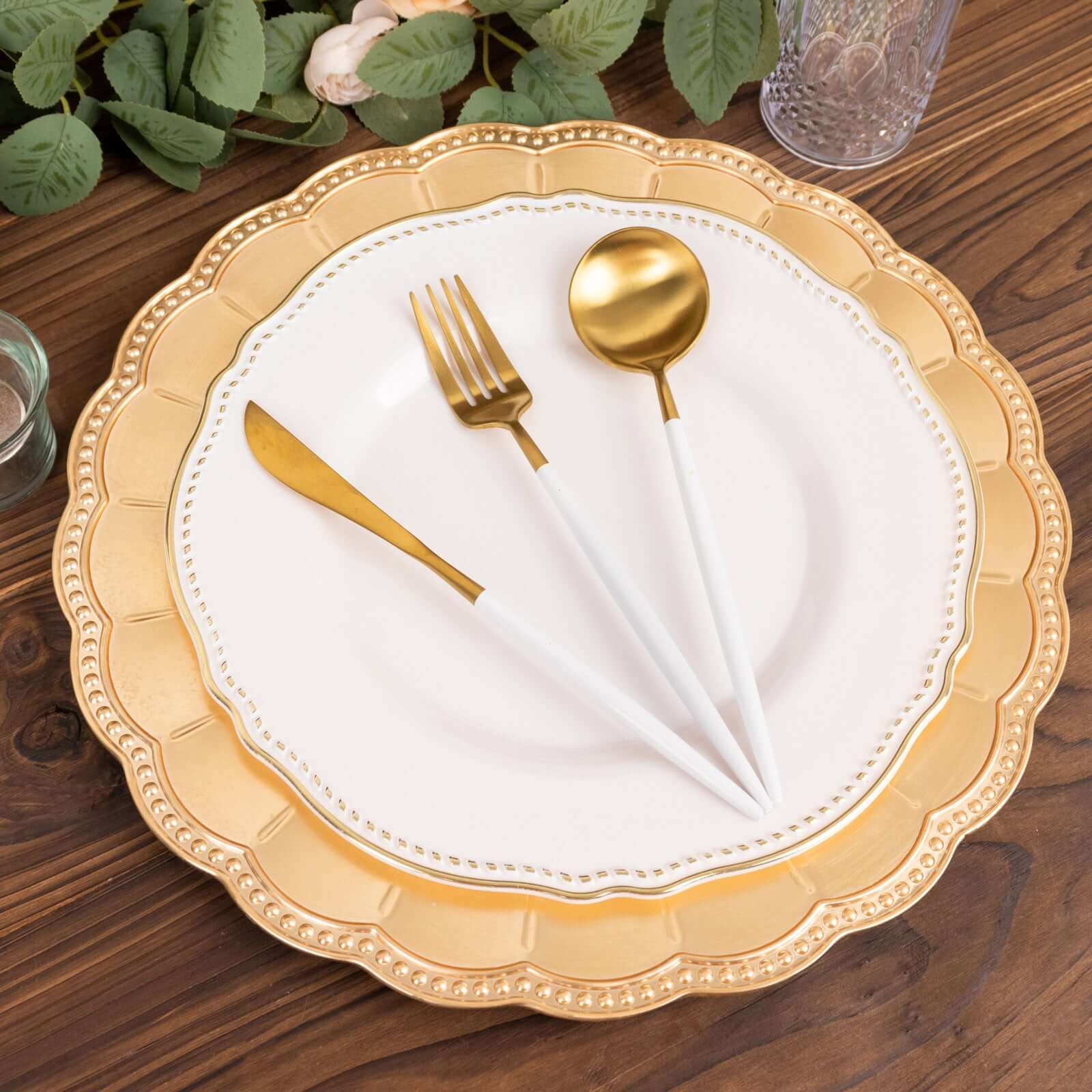 6-Pack Acrylic Round Charger Plates 13 in Metallic Gold with Beaded Sunflower Rim, Plastic Dinner Party Charger Tableware