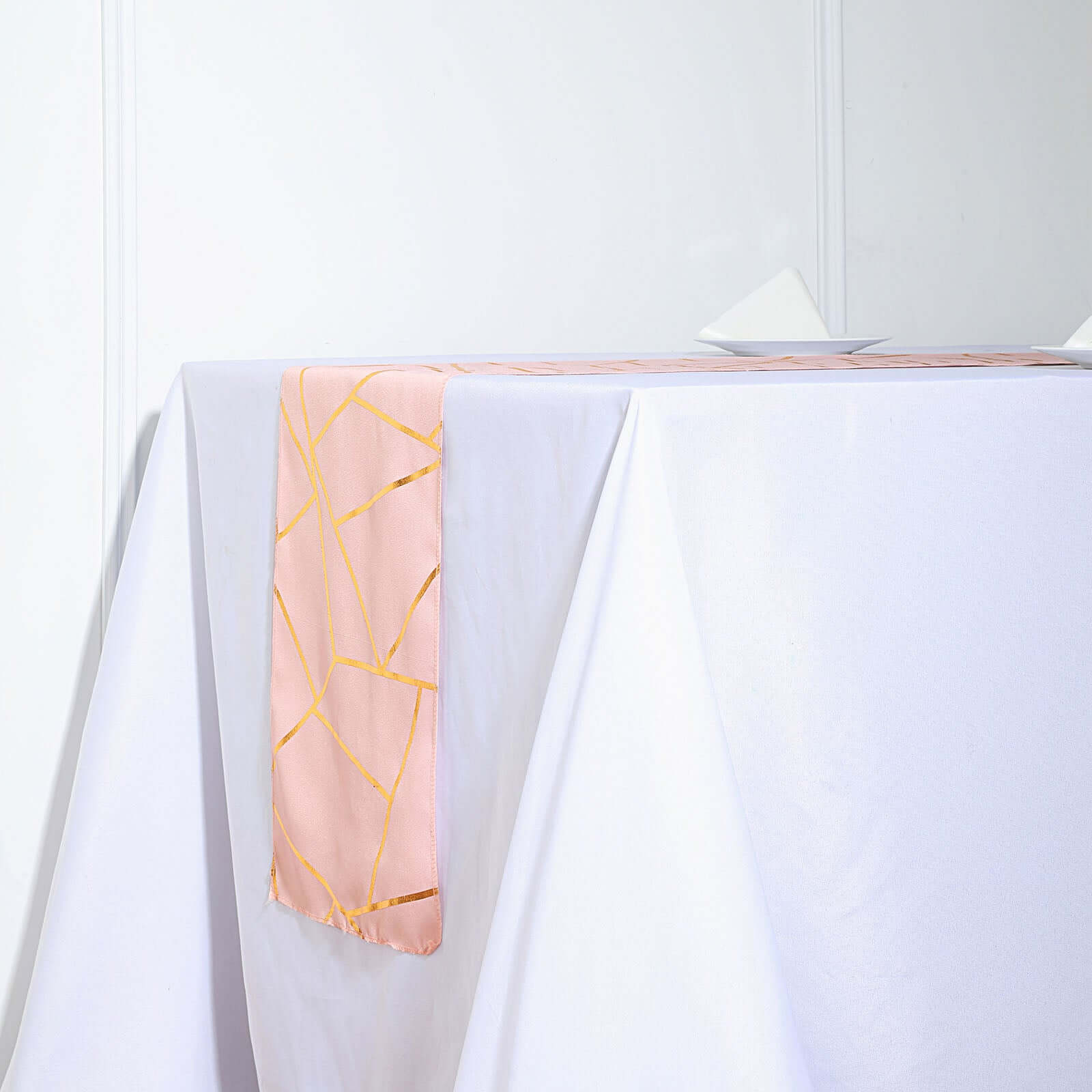 Polyester 9ft Table Runner Blush with Gold Foil Modern Geometric Accent