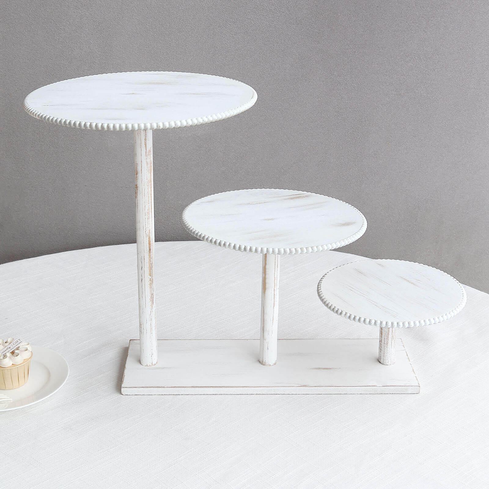 3-Tier Wooden Cake Stand Whitewash with Round Beaded Rim Trays - Rustic Cupcake Tower Dessert Display 24x16