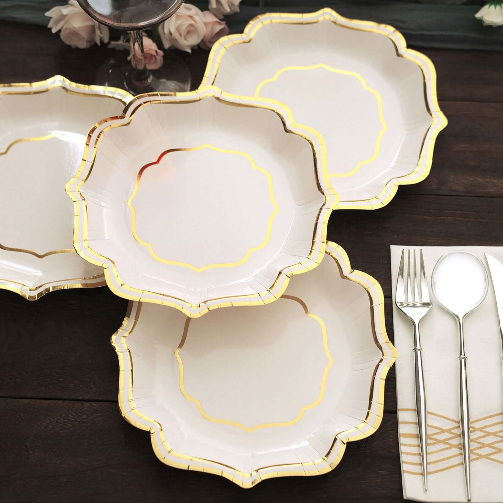 25-Pack Paper Dessert Plates in White with Gold Scallop Rim - Disposable 300GSM Appetizer Salad Plates for Classy Banquets & Celebrations 8