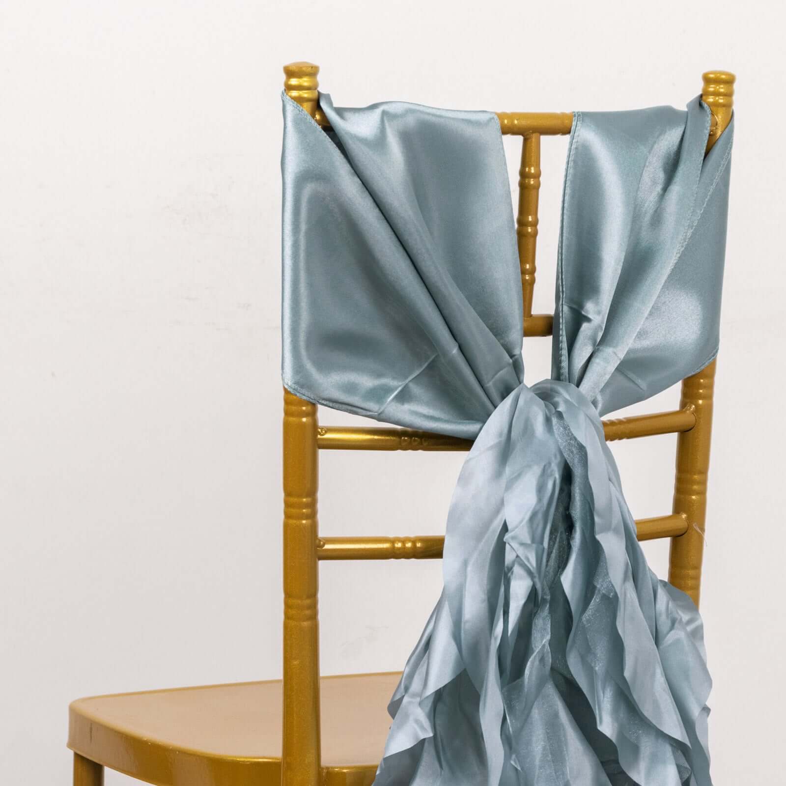 5 Pack Chiffon Satin Chair Sashes Dusty Blue - Easy to Install Ruffled Curly Willow