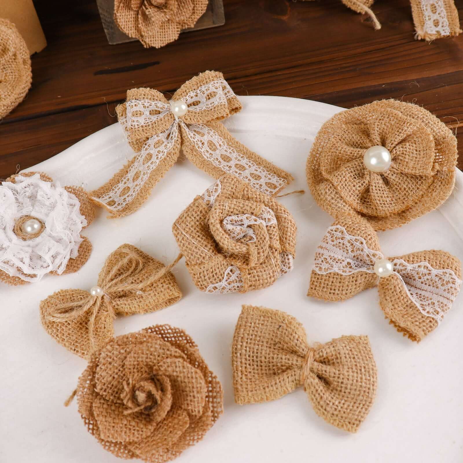 24 Pcs Natural Burlap Flower and Bows Set w Lace Ribbon Craft Supplies, DIY Jute Stick On Ribbon and Bows, 30 Sticker Dots Included, 8 Assorted Styles