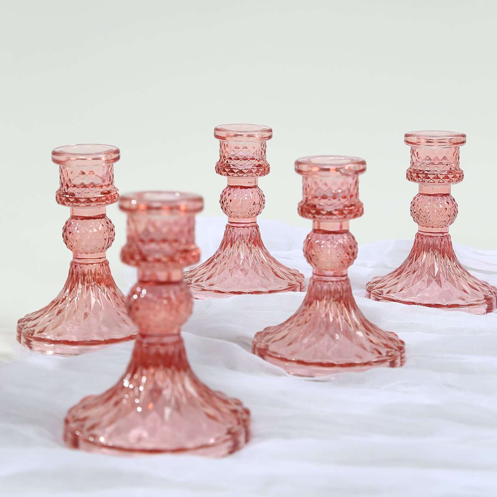 6-Pack Glass Taper Candlestick Holders Diamond Pattern Design Dusty Rose - Reversible Crystal Pillar Votive Stands 4