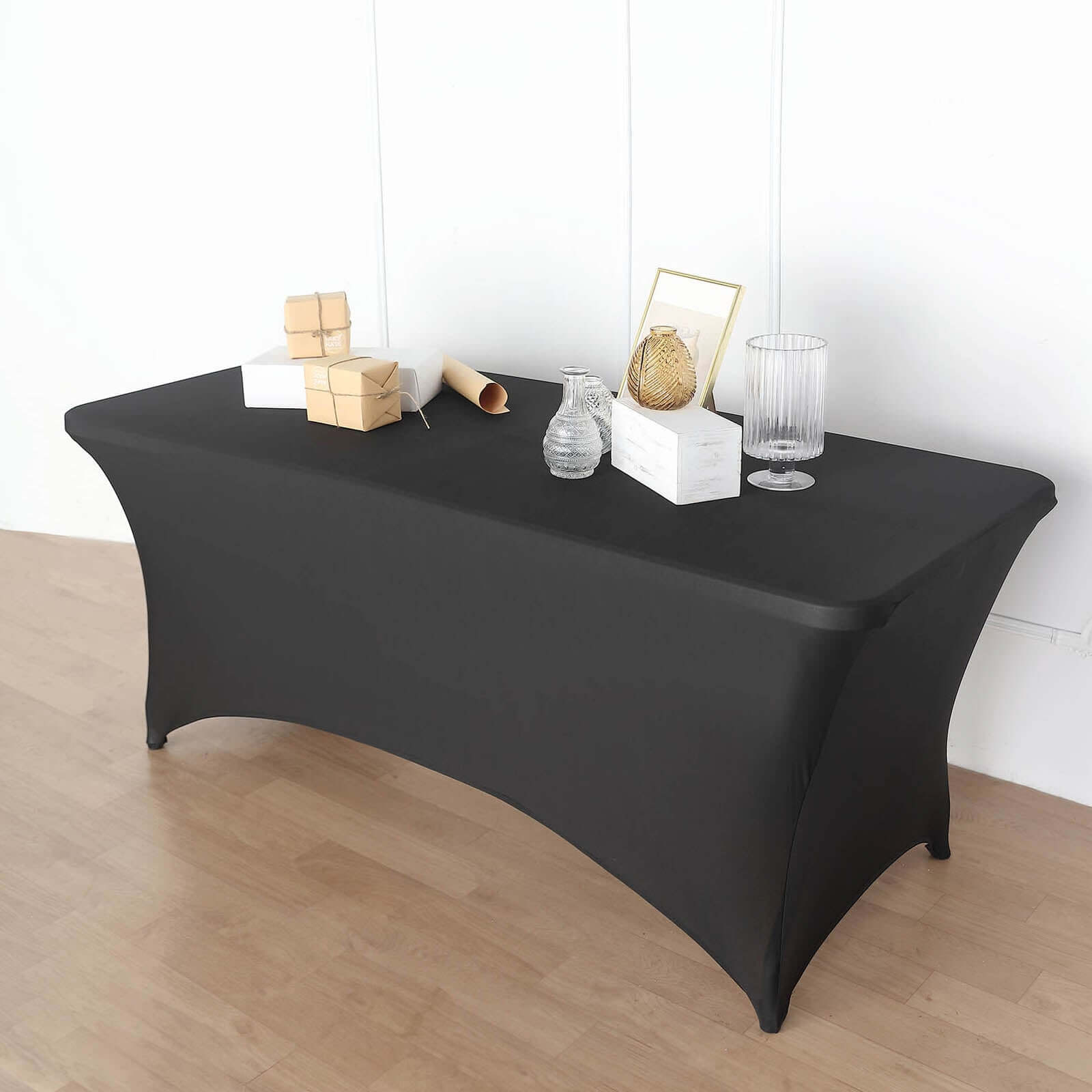 Stretch Spandex 96x30 Rectangle Table Cover Black with Curved Open Back Design Tailored Professional Look for Tradeshows, Events & Exhibitions