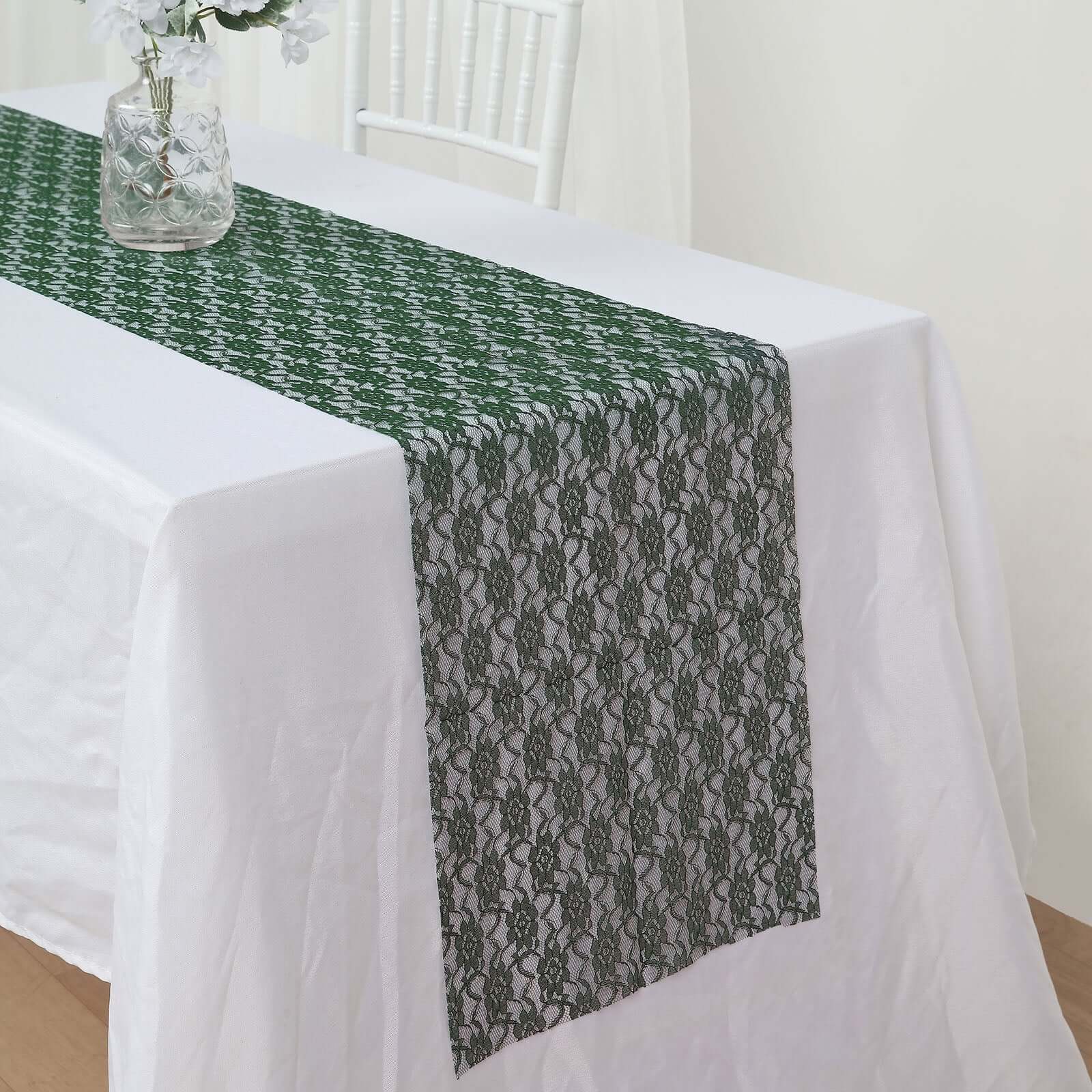 Floral Lace 12x108 Table Runner Hunter Emerald Green - Stylish Vintage Table Decor