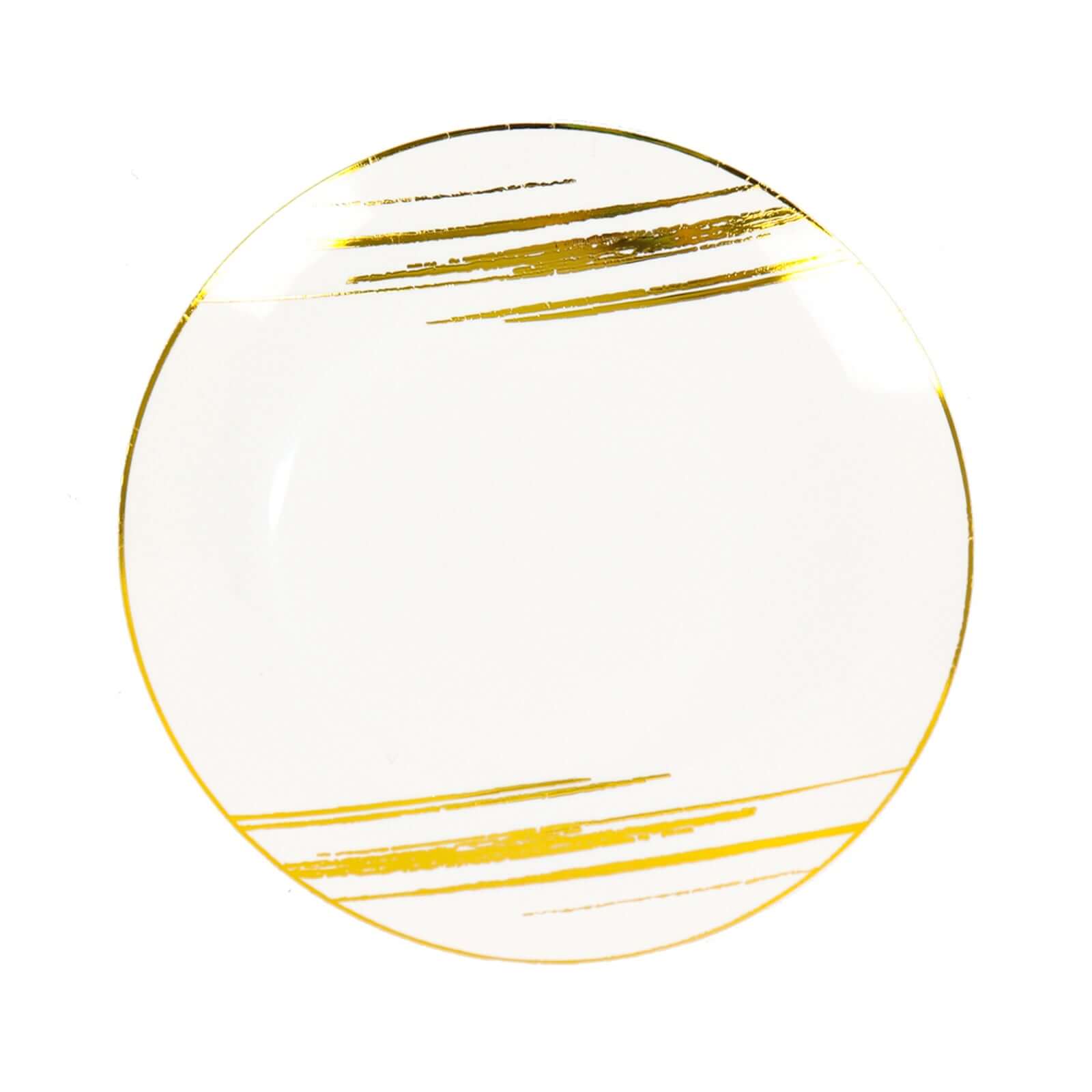 10-Pack Plastic 7 Round Dessert Plates in White with Gold Brush Stroked Print - Disposable Appetizer Salad Plates