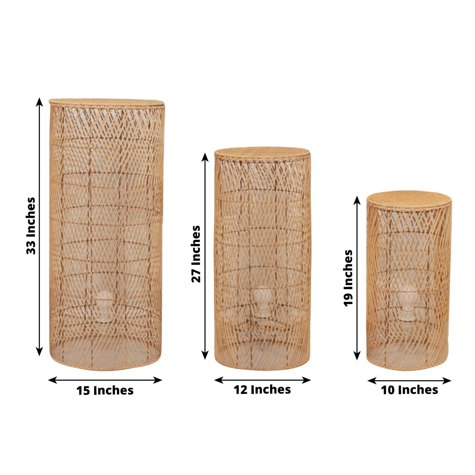 Set of 3 Natural Woven Rattan Wicker Pedestal Stand Floor Lamp Shades with Wave Pattern, Rustic Farmhouse Cylinder Display Stands With Plug In Light Cord - 19,27,33