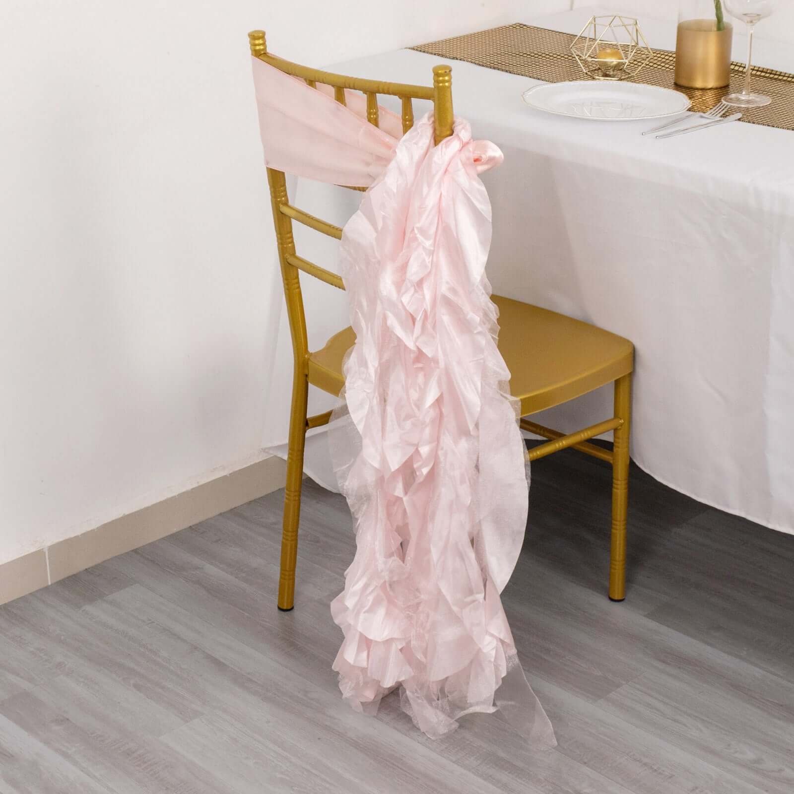 5 Pack Chiffon Satin Chair Sashes Blush - Easy to Install Ruffled Curly Willow