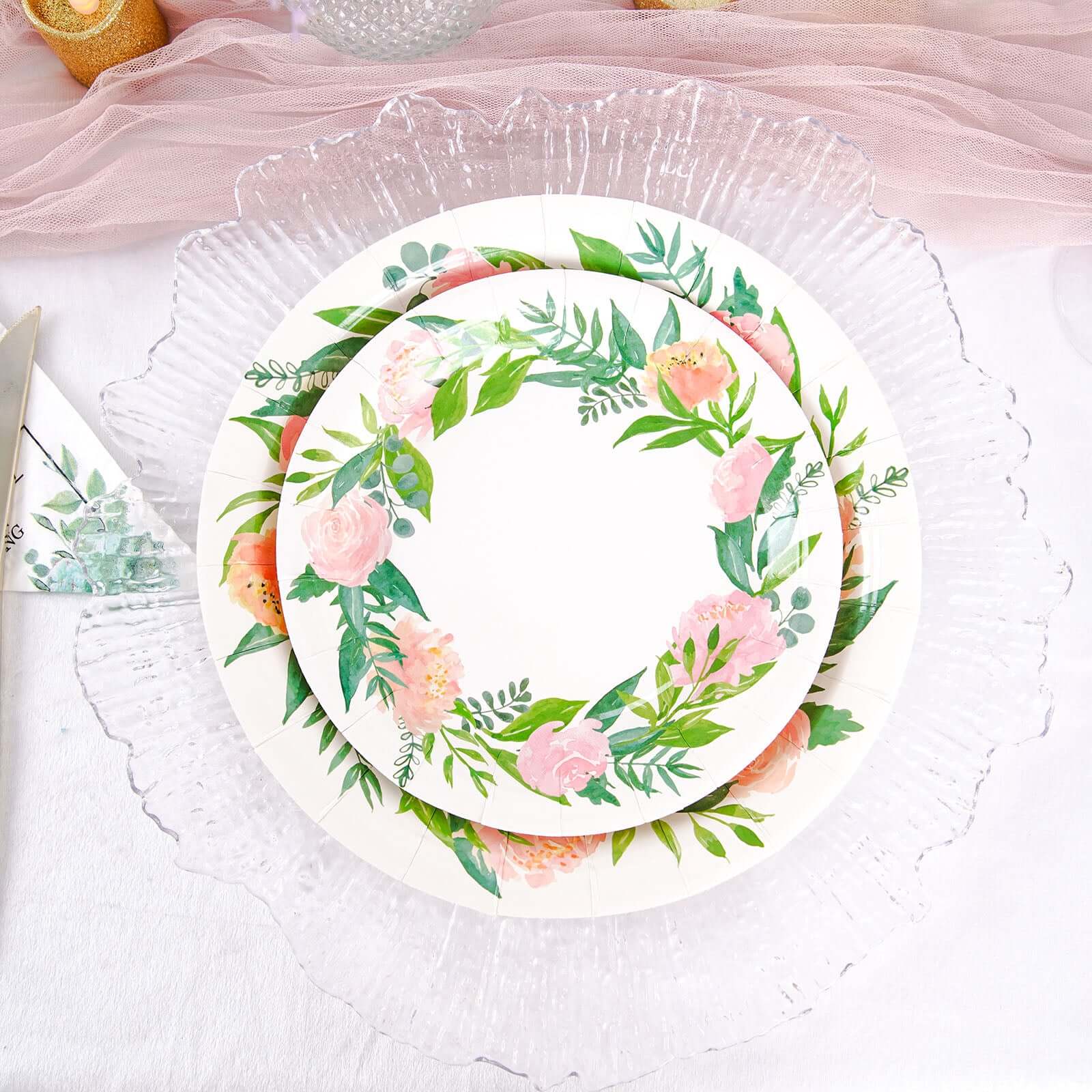 25-Pack Paper 7 Round Dessert Plates in White with Rose/Peony Flower Wreath - Disposable Appetizer Salad Plates for Special Occasions & Gatherings