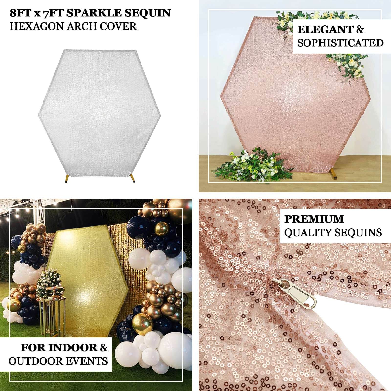 8ftx7ft Rose Gold Shiny Sequin Hexagon Backdrop Stand Cover, Shiny Sparkle 2-Sided Custom Fit Wedding Arch Cover