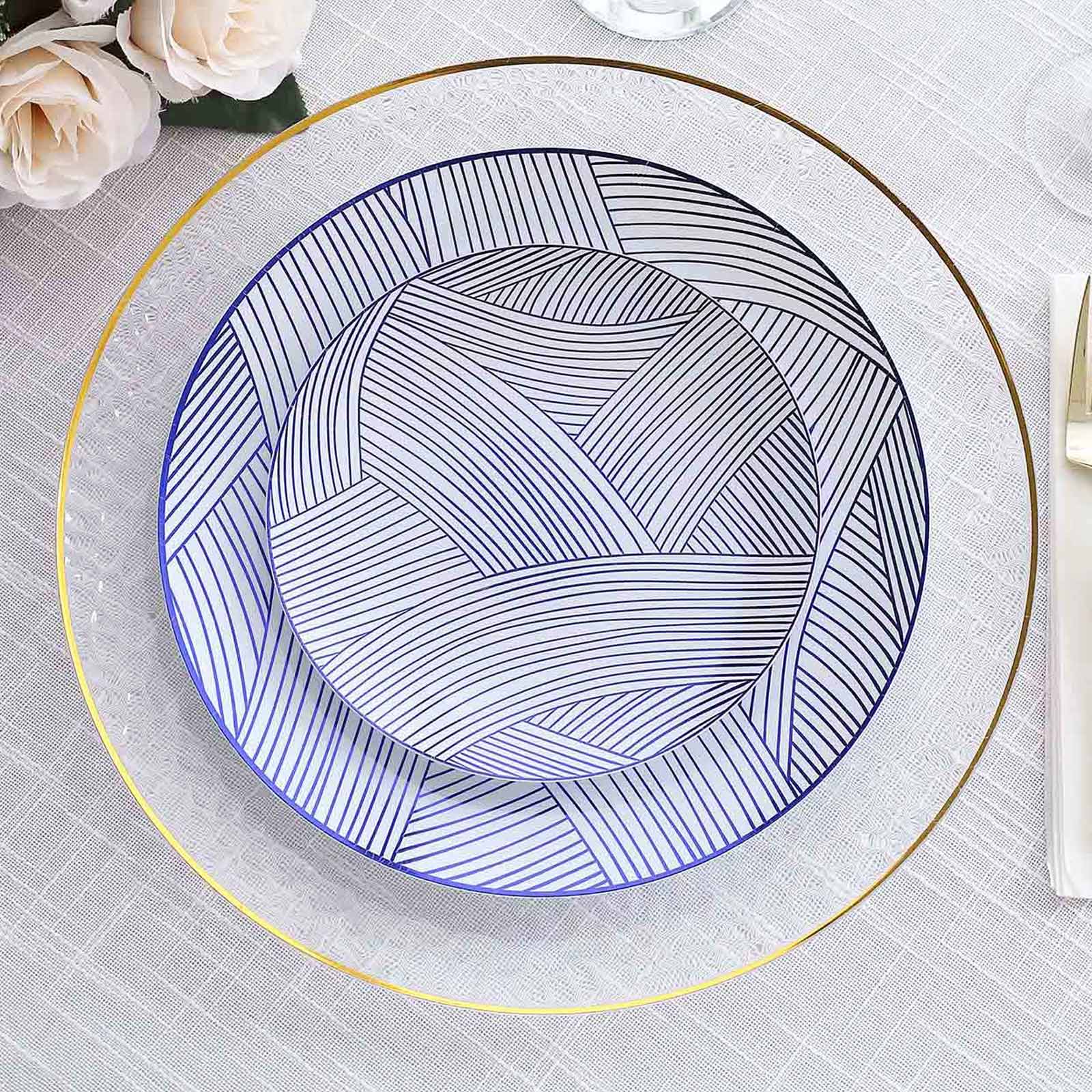 10-Pack Plastic 7 Round Dessert Plates in White with Blue Wave Brush Strokes Pattern - Disposable Appetizer Salad Plates