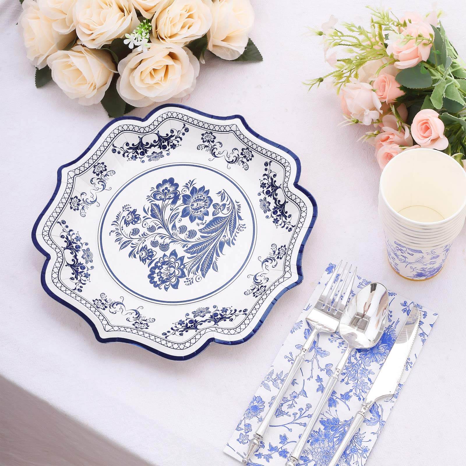 25-Pack Paper Dinner Plates in White with Light Blue French Toile Print & Scallop Rim - Stylish Disposable 300GSM Floral Party Plates 10