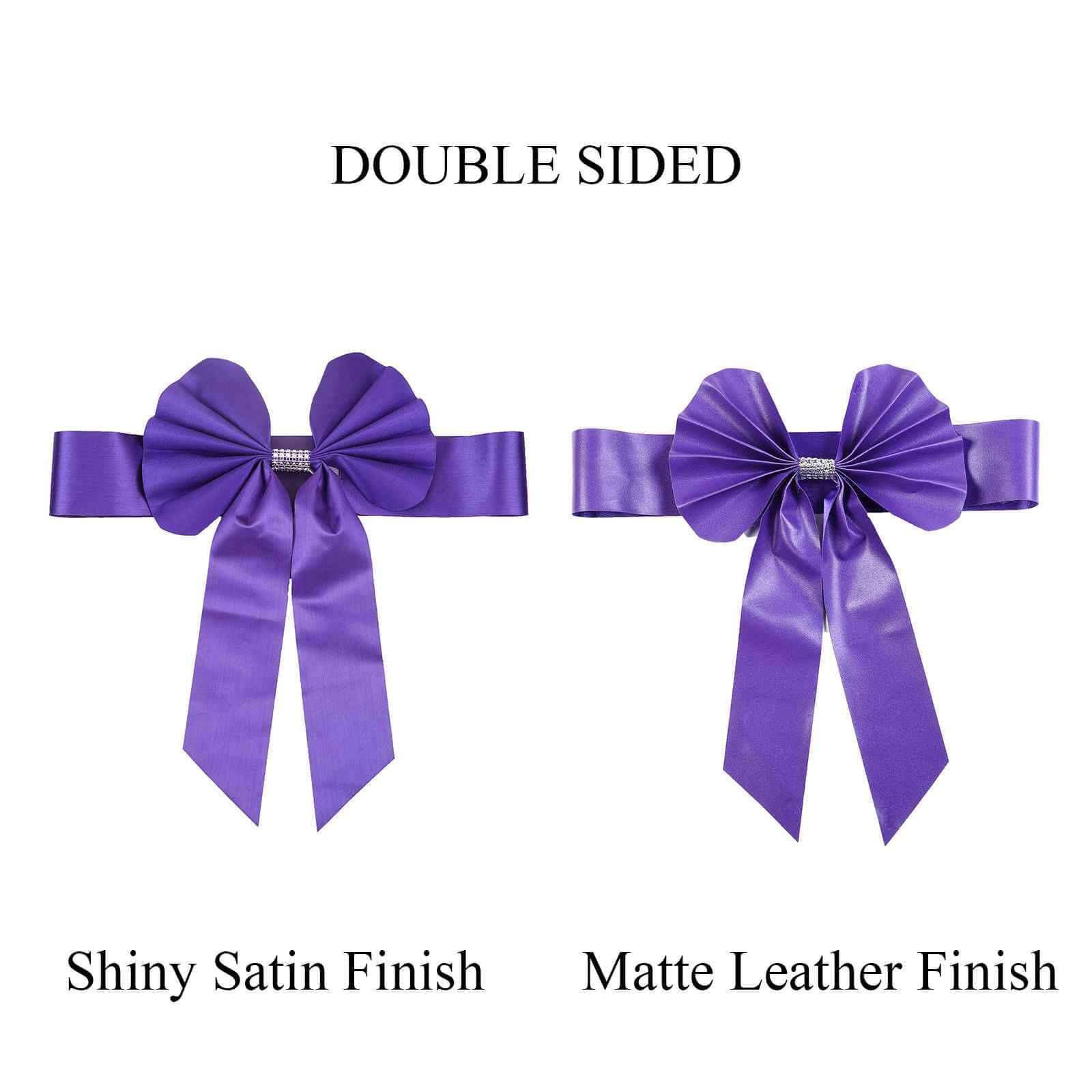 5 Pack Satin Faux Leather Chair Sashes Purple - Durable Double Sided Pre-tied Bow Tie Chair Bands with Diamond Rhinestone Buckles