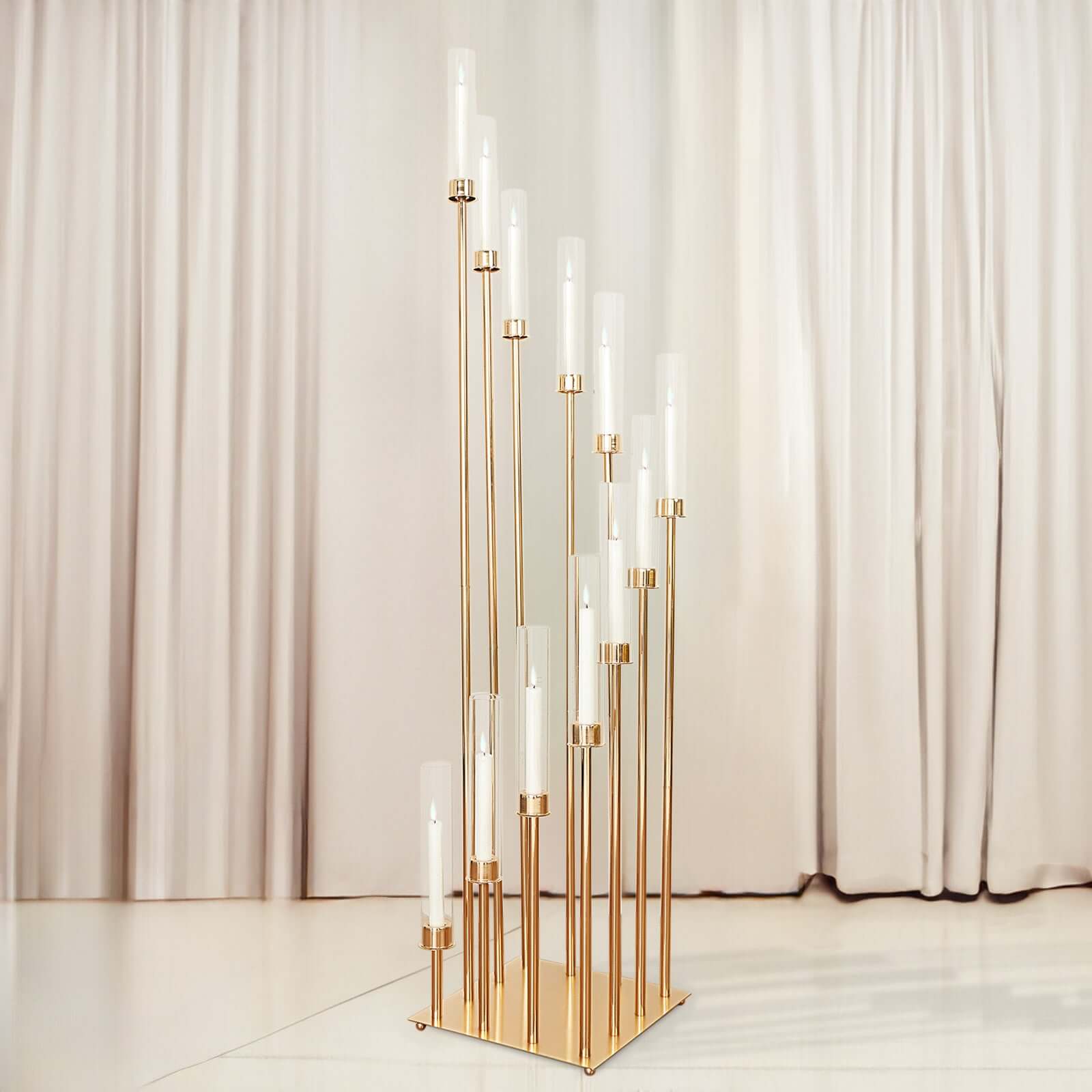 12-Arm Cluster Taper Candle Holder Gold with Clear Glass Shades - Grand Candle Arrangement for Events 57