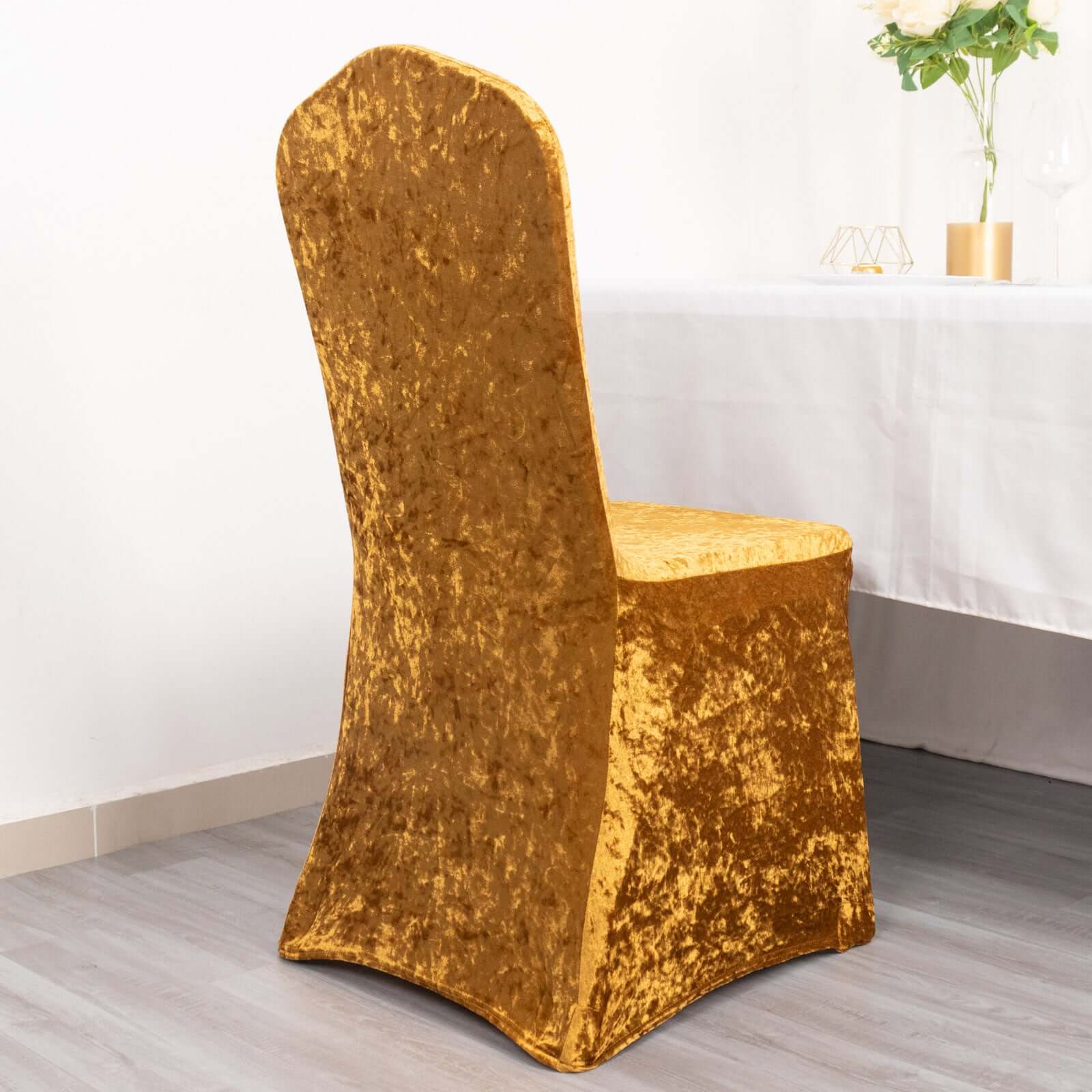 Crushed Velvet Spandex Banquet Chair Cover Fitted Slipcover Gold - Stretch 190GSM Slipcover with Foot Pockets