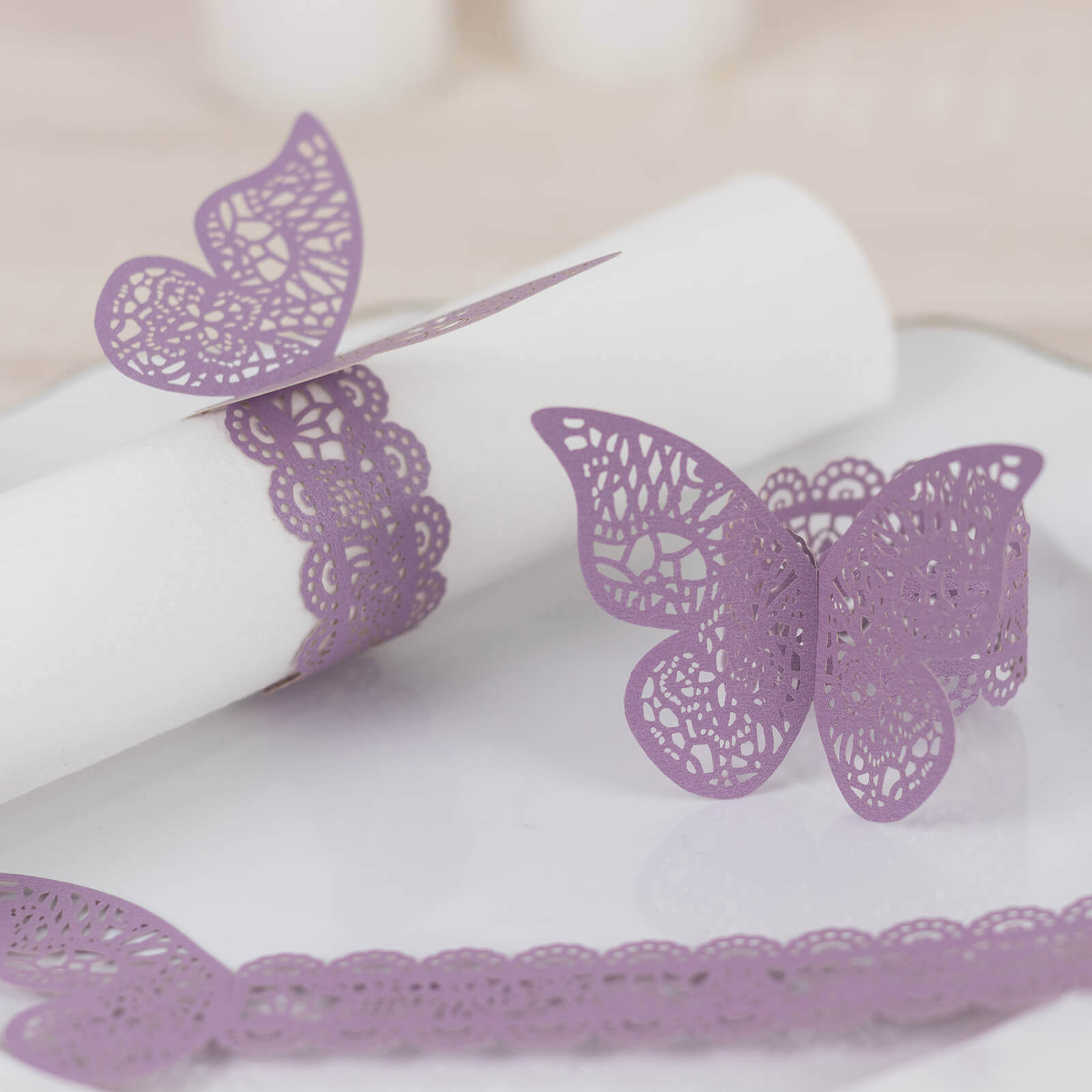 12-Pack Paper Napkin Rings Laser Cut Butterfly Lavender Shimmery - Decorative Serviette Holders