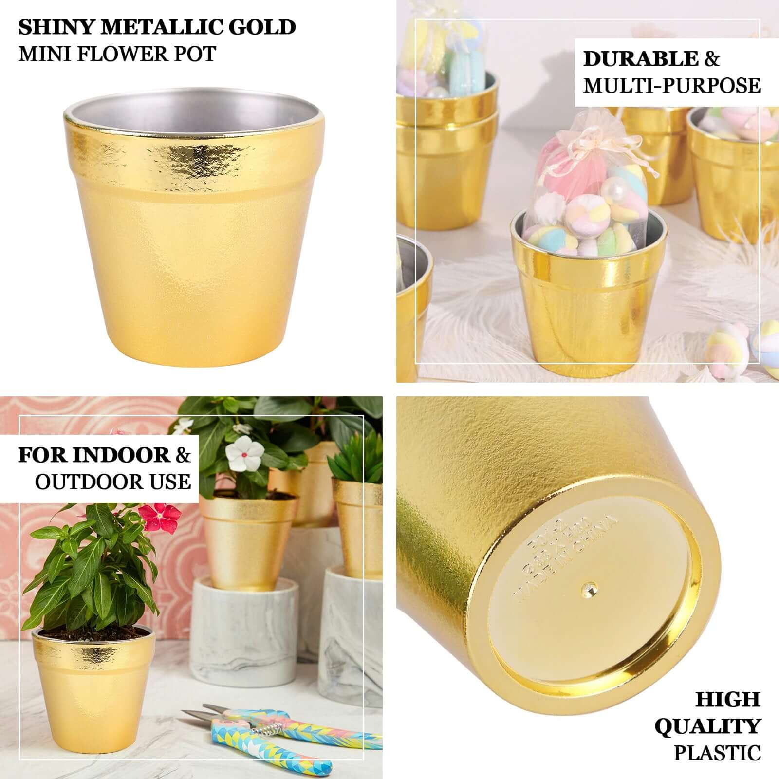 6 Pack 3 Gold Plastic Party Favor Bucket-Containers, Mini Succulent Nursery Planters, Flower Pot Crafts