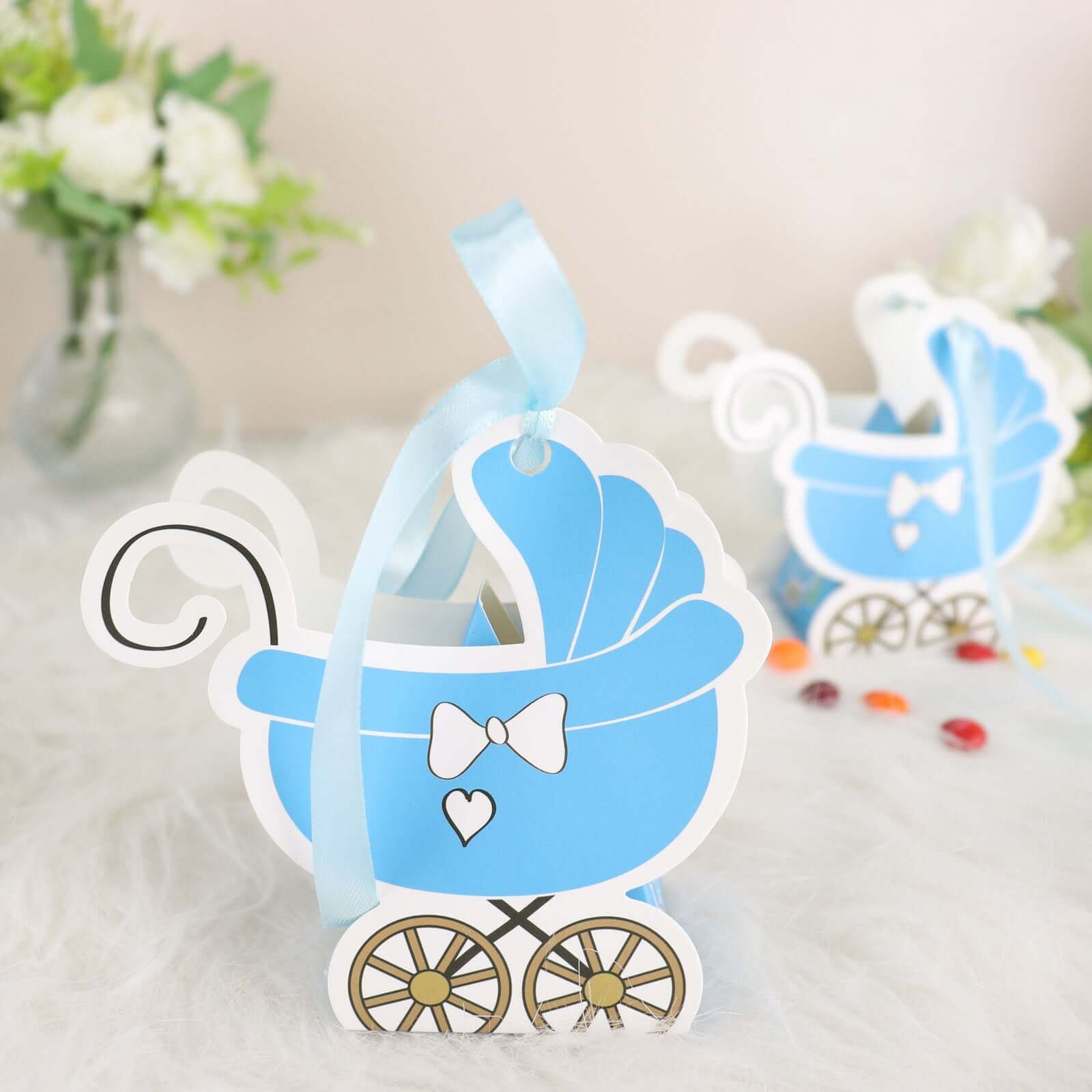 25 Pack Light Blue Baby Paper Stroller Party Favor Gift Boxes, Cardstock Carriage Candy Boxes with Ribbon Ties - 4.5x2x4