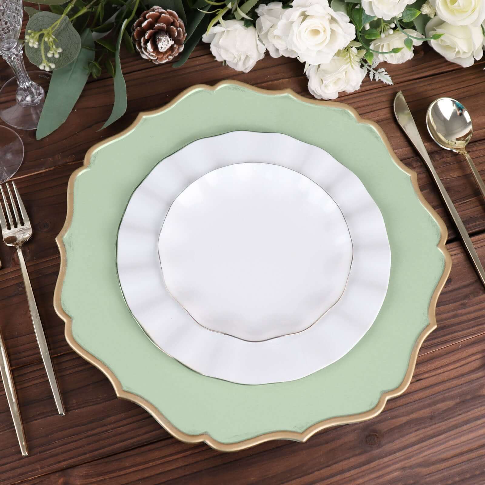 6-Pack Acrylic Round Charger Plates 13 in Sage Sage Green with Gold Scalloped Rim, Decorative Dinner Party Plastic Charger Tableware