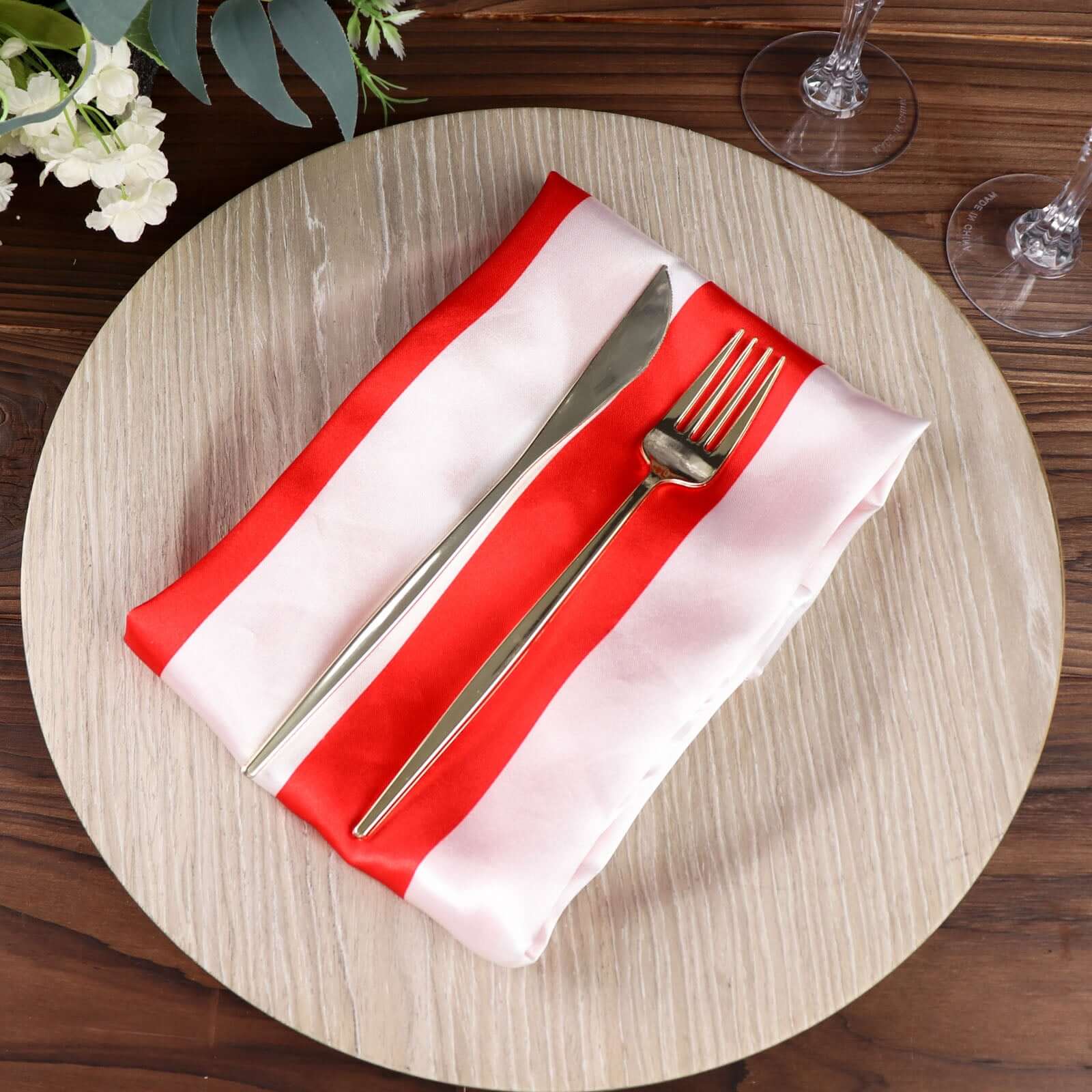 5 Pack Satin 20x20 Napkins Red/White - Striped Reusable Dinner Napkins